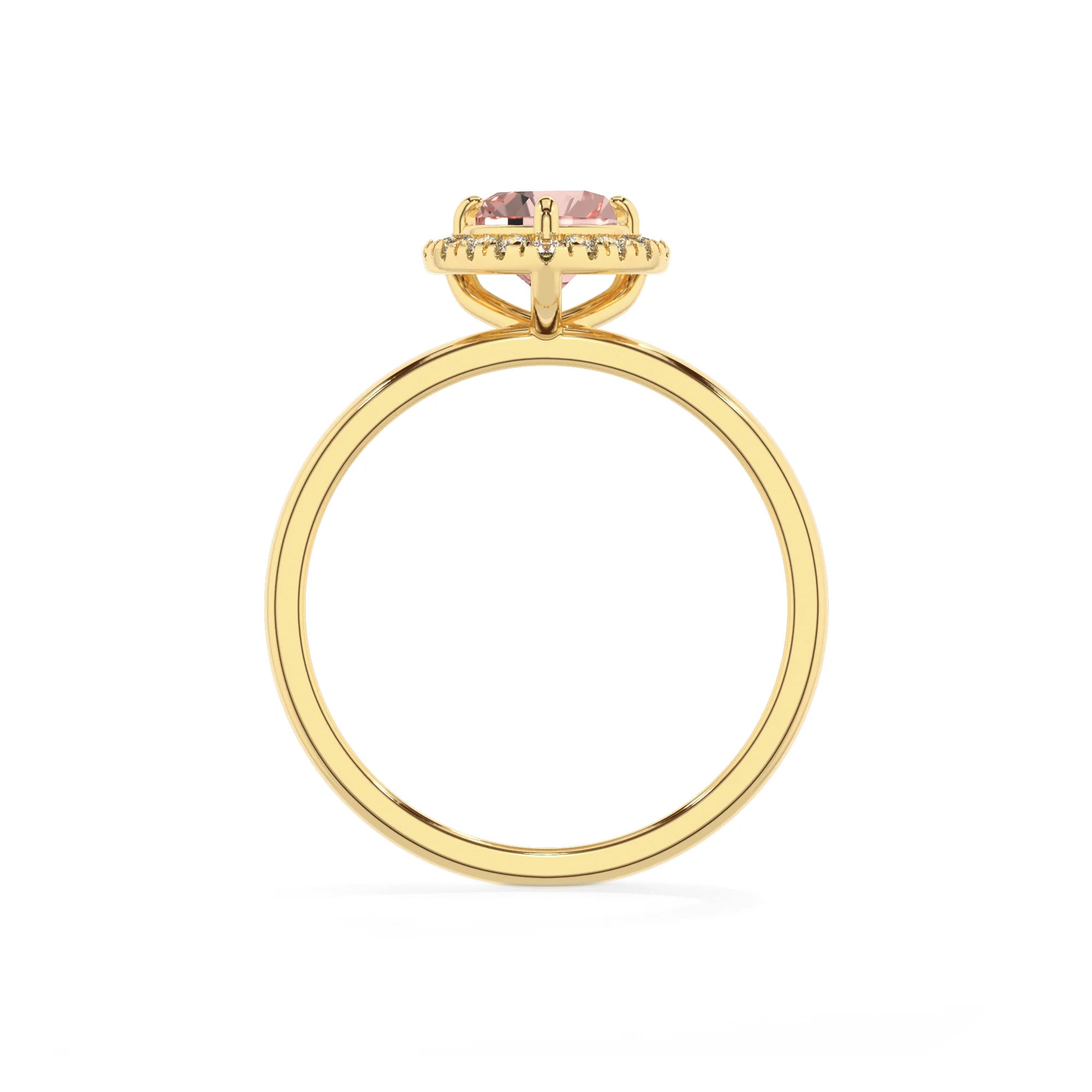 lab grown morganite heart solitaire rings in yellow gold