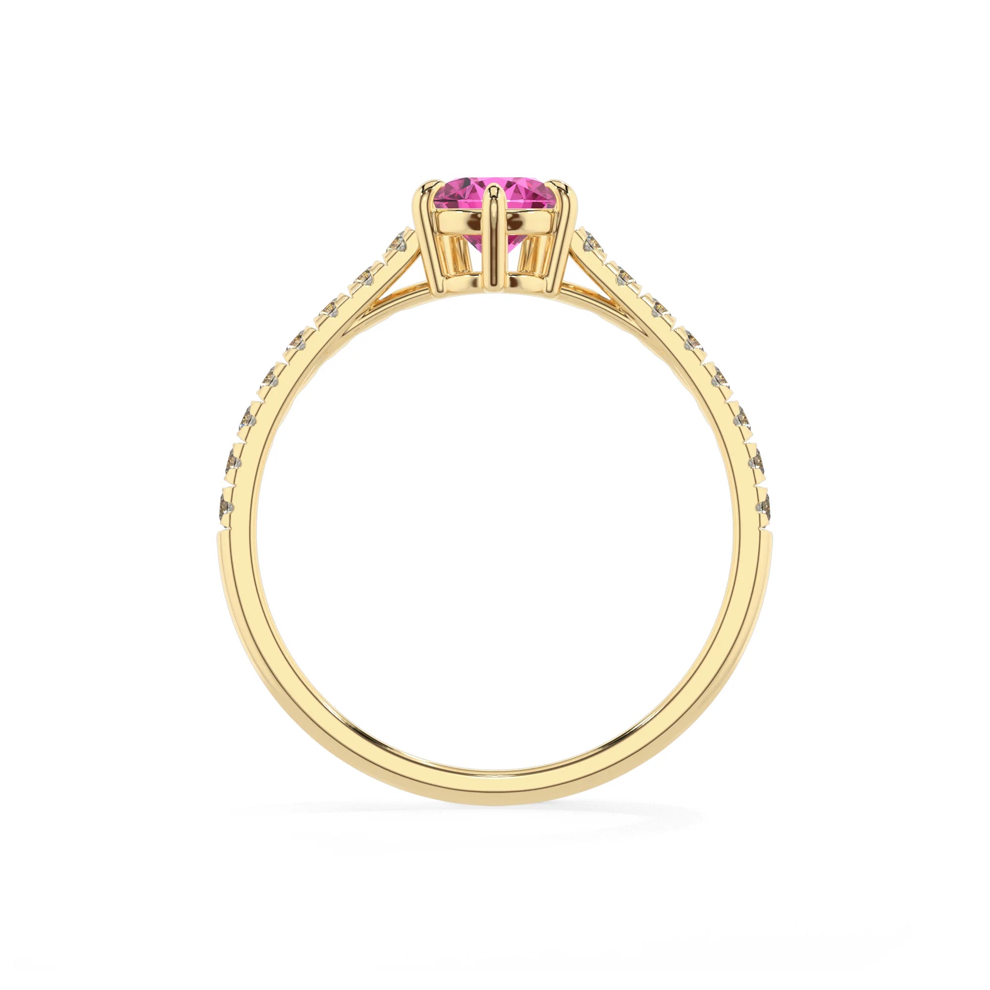 lab grown pink-sapphire pear half eternity solitaire engagement rings in yellow gold