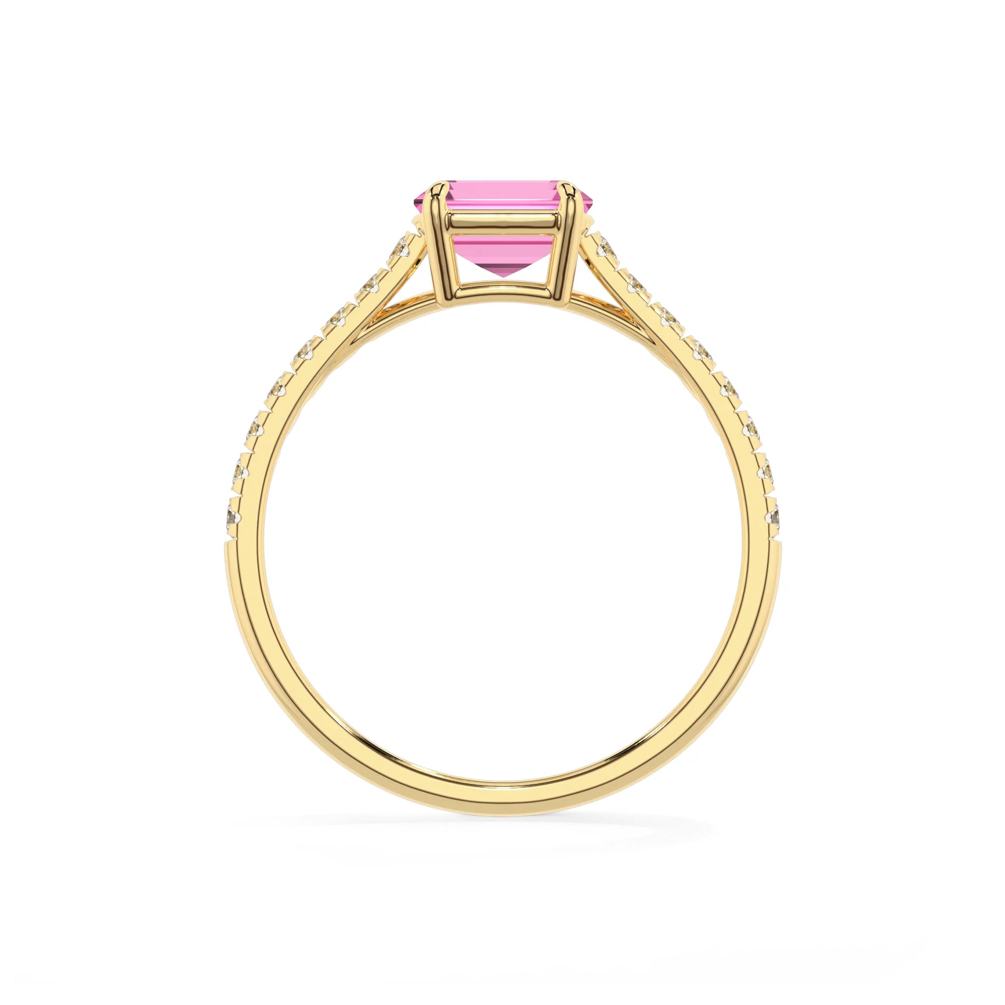 lab grown pink-sapphire emerald cut half eternity solitaire engagement rings in yellow gold