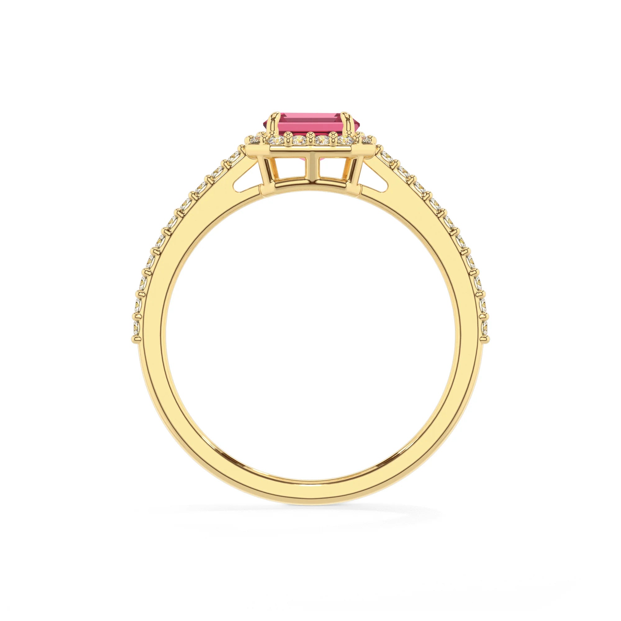lab grown pink-tourmaline emerald cut solitaire rings in yellow gold