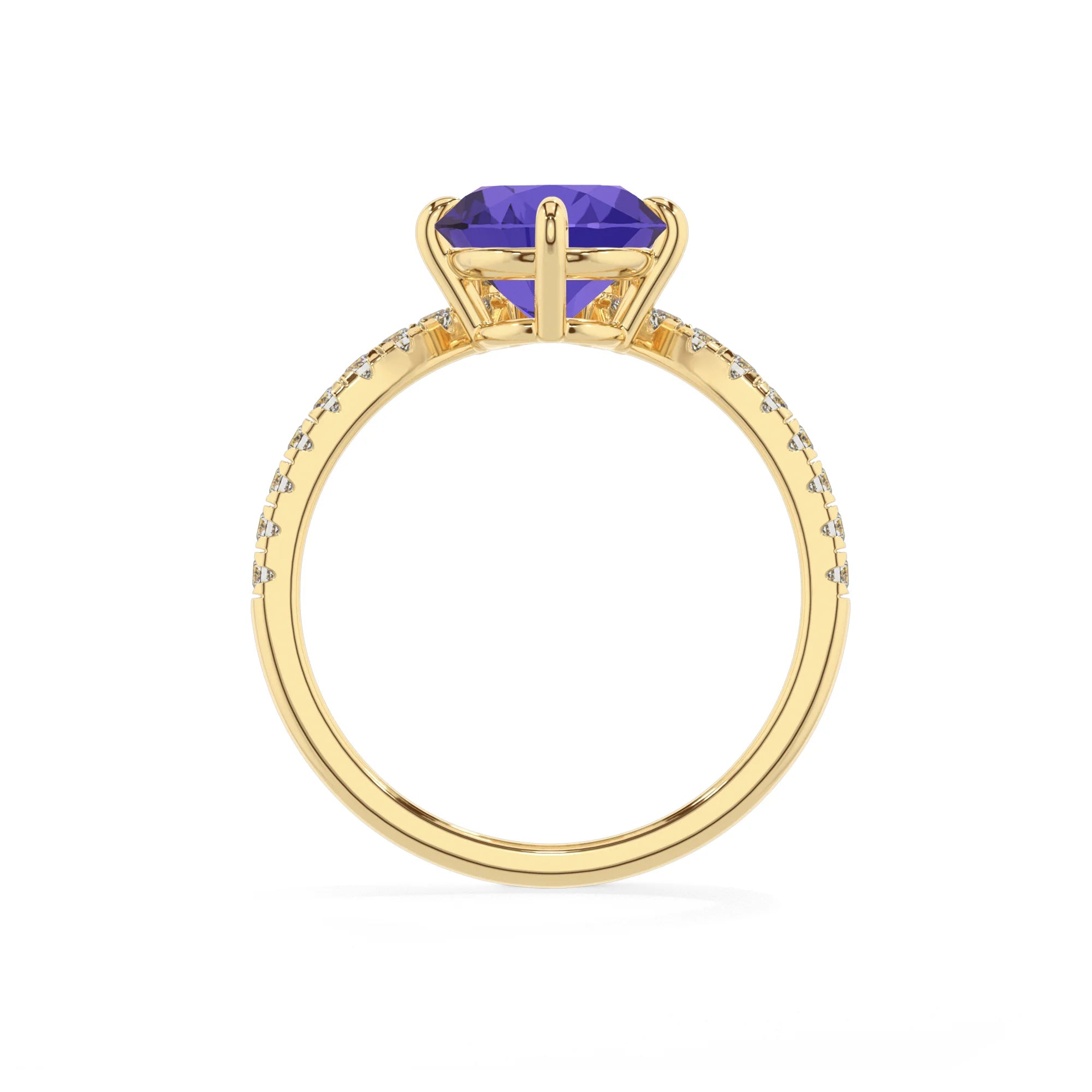 lab grown tanzanite round solitaire rings in yellow gold