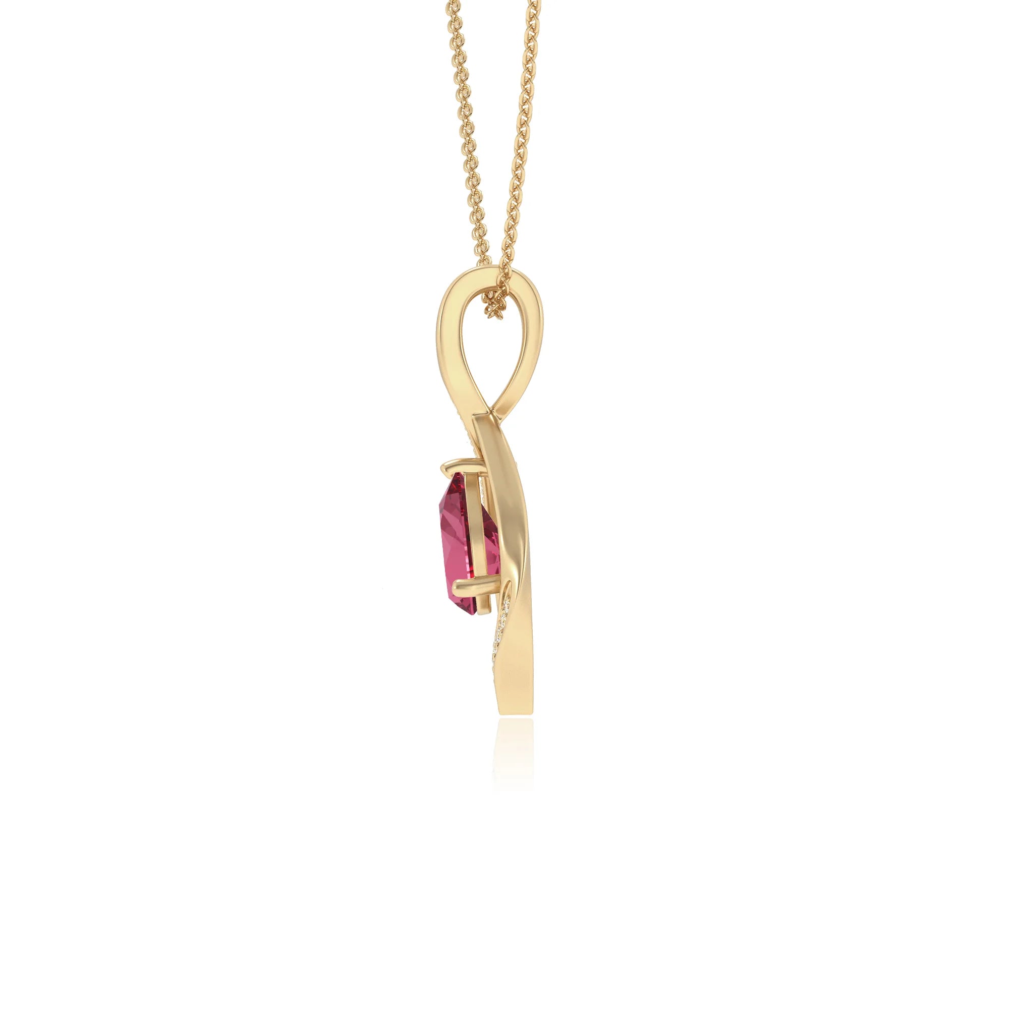 lab grown pink-tourmaline pear solitaire necklaces in yellow gold