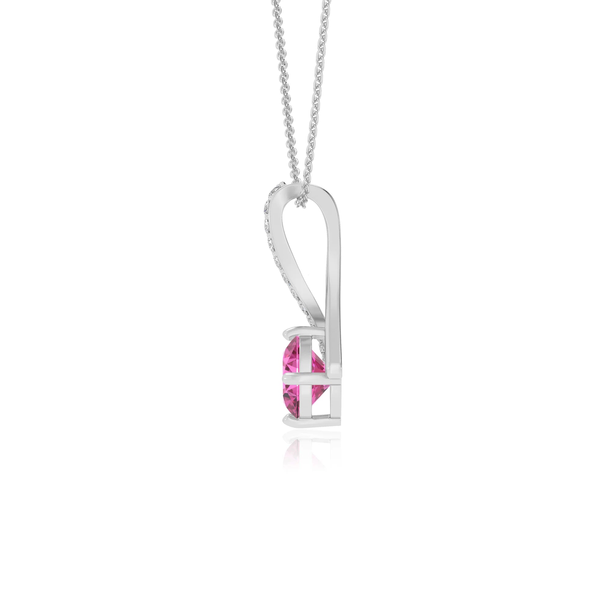 lab grown pink-sapphire round solitaire necklaces in white gold