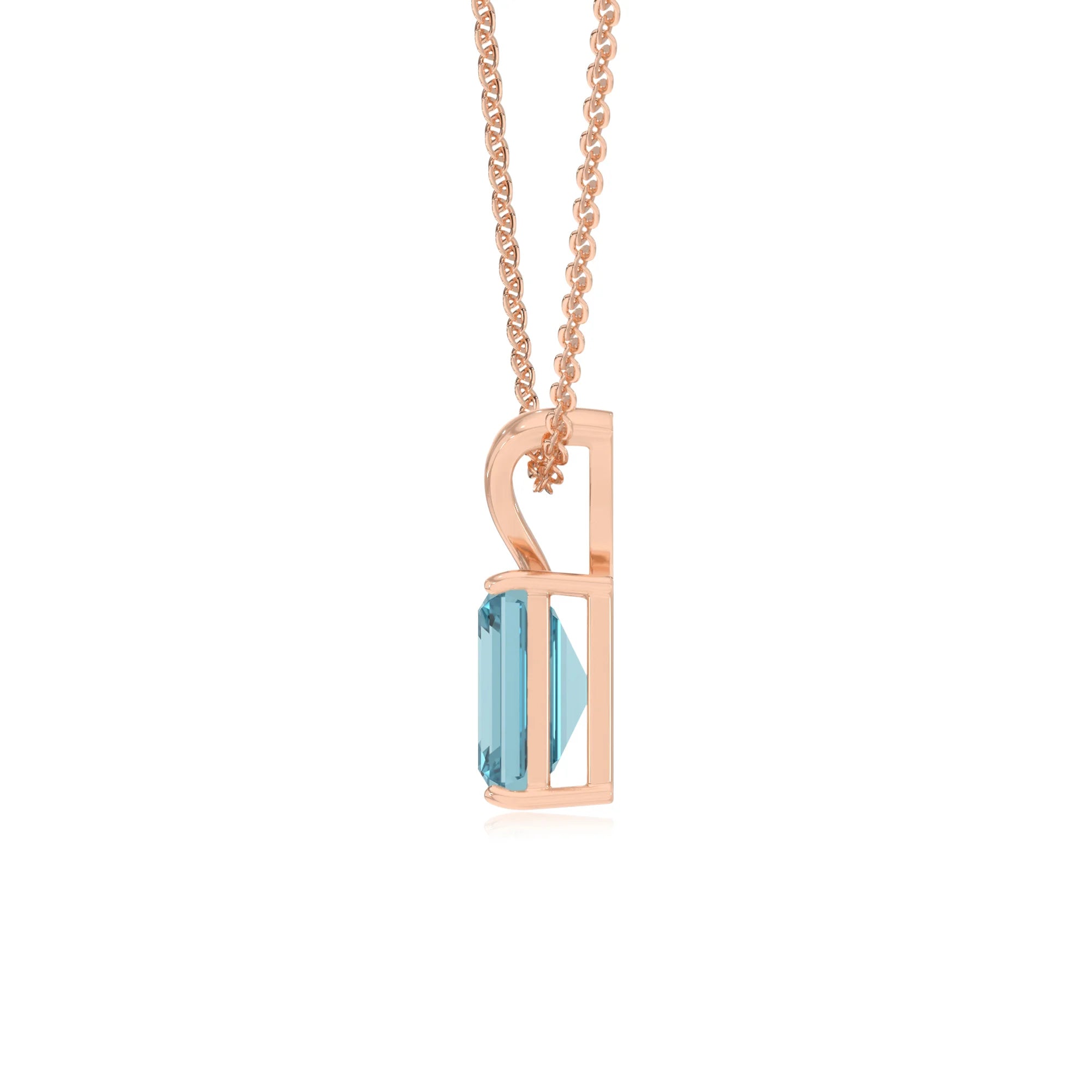 lab grown aquamarine emerald cut solitaire v-bale necklaces in rose gold