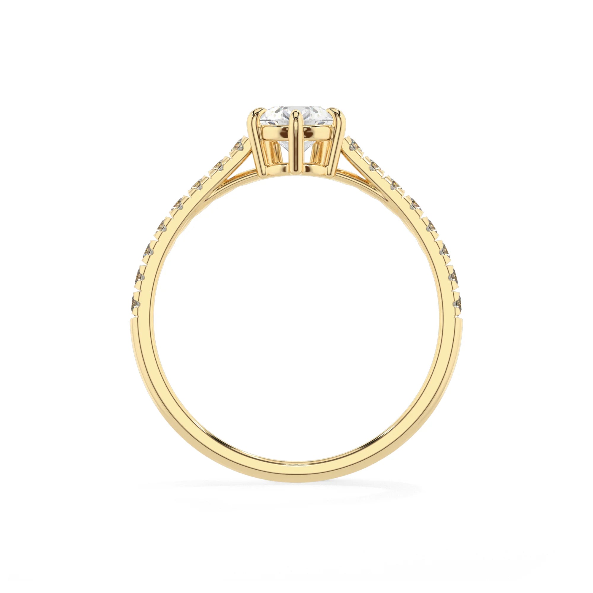 lab grown moissanite pear half eternity solitaire engagement rings in yellow gold