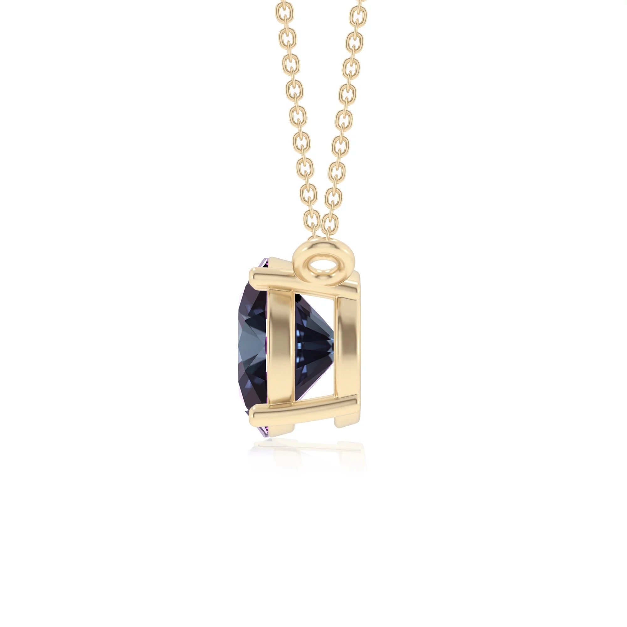 lab grown alexandrite round solitaire necklaces in yellow gold