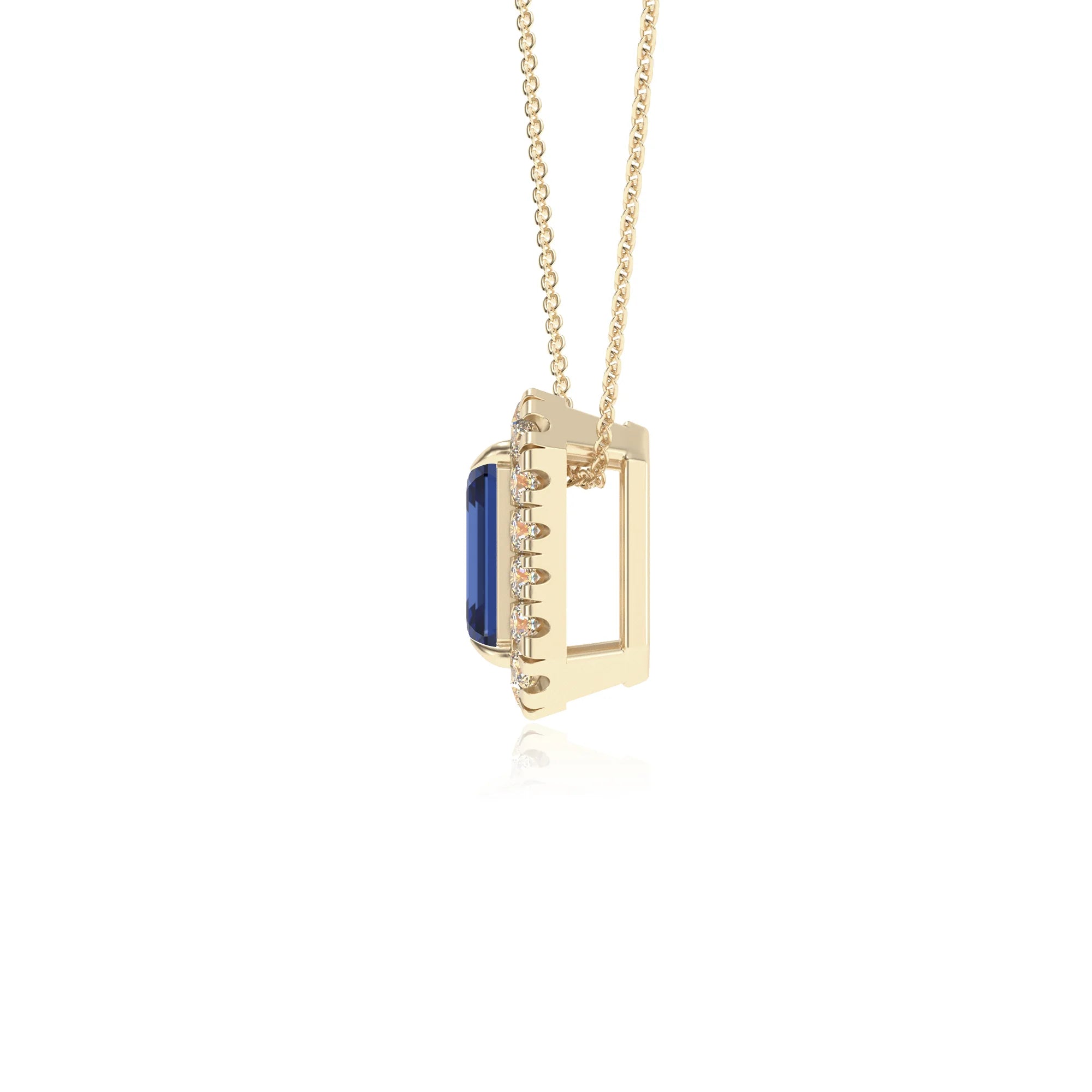 lab grown blue sapphire emerald cut solitaire necklaces in yellow gold