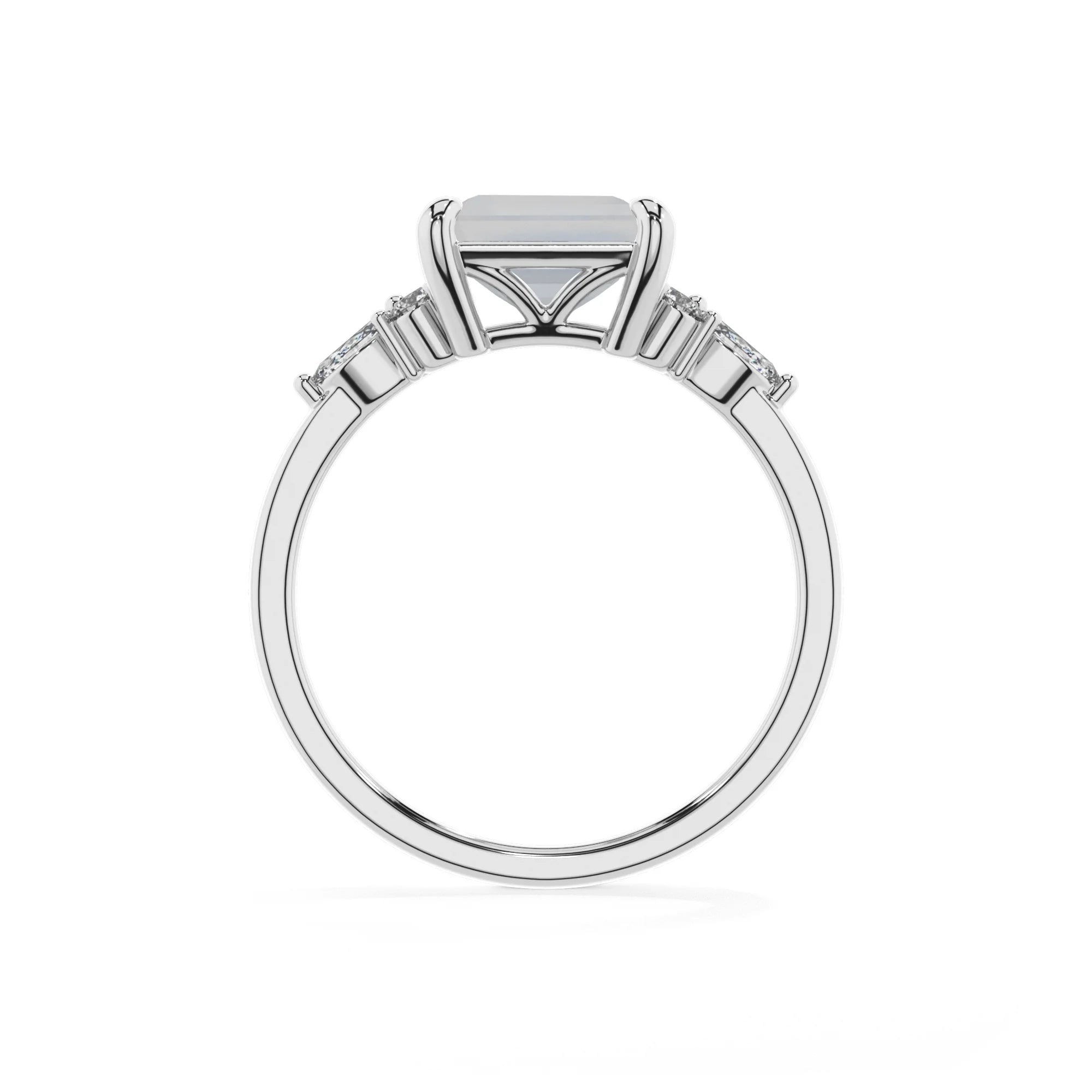 natural rainbow-moonstone emerald cut solitaire rings in white gold