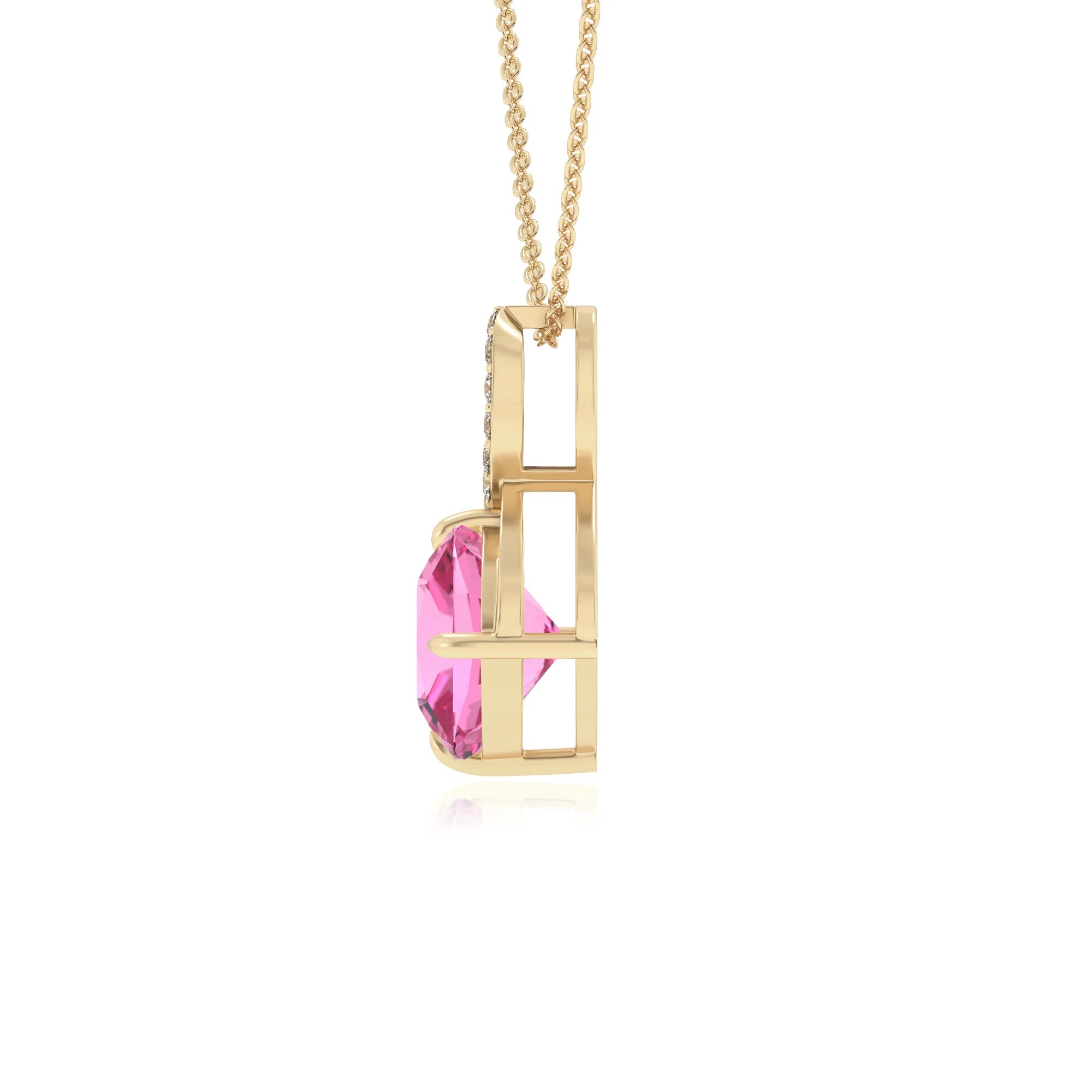 lab grown pink-sapphire cushion infinity necklaces in yellow gold