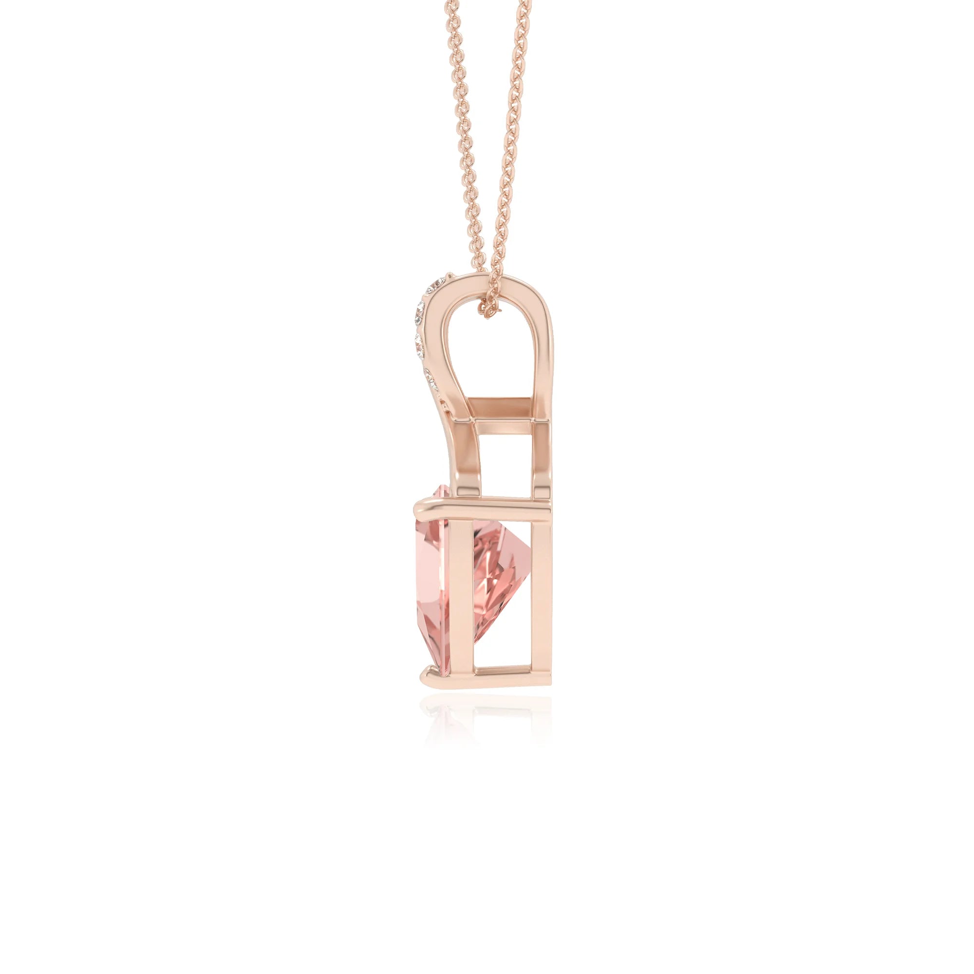 lab grown morganite trillion solitaire necklaces in rose gold