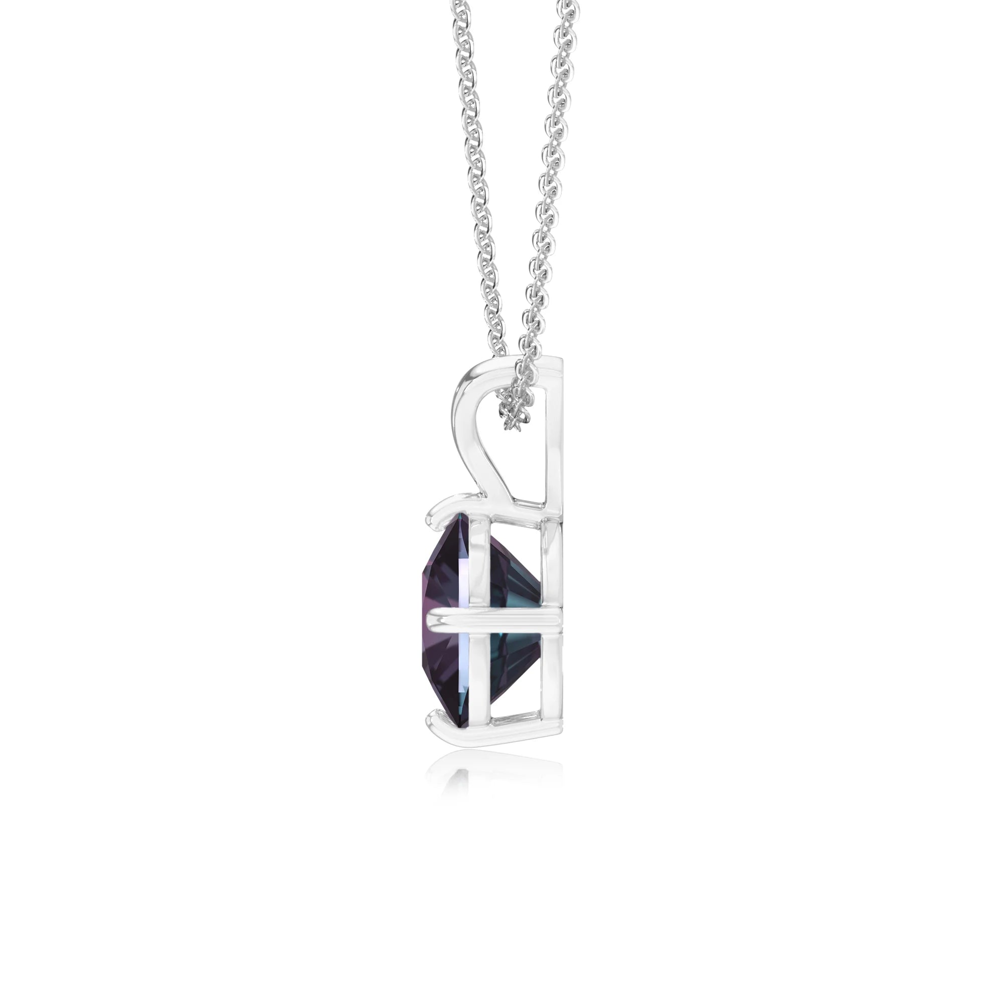 lab grown alexandrite cushion solitaire v-bale necklaces in sterling silver