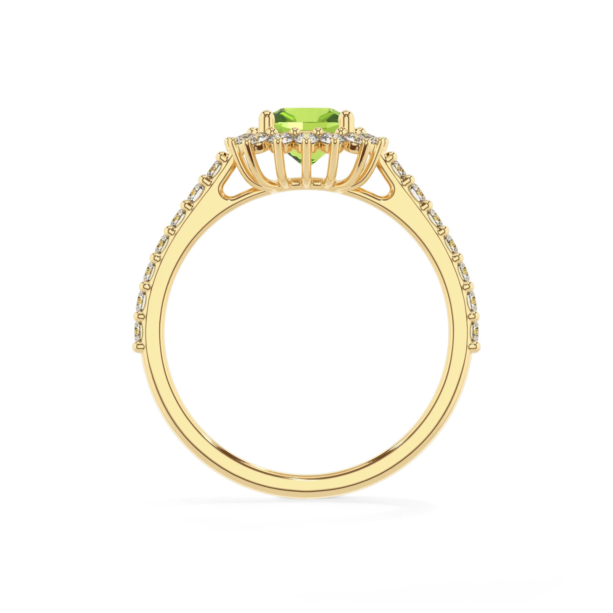 natural peridot cushion solitaire rings in yellow gold