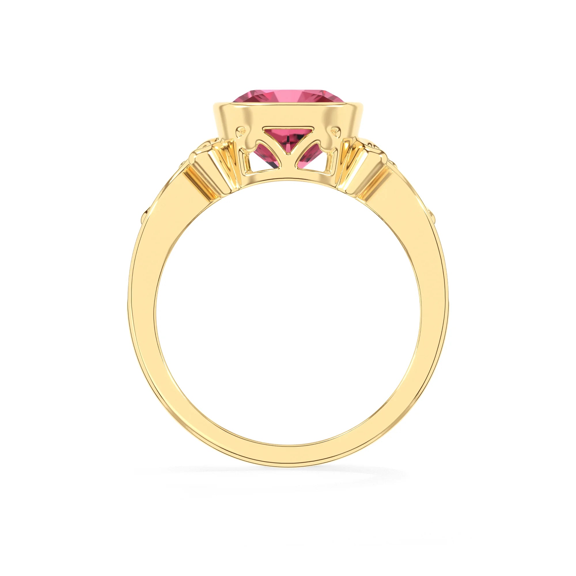 lab grown pink-tourmaline cushion solitaire rings in yellow gold