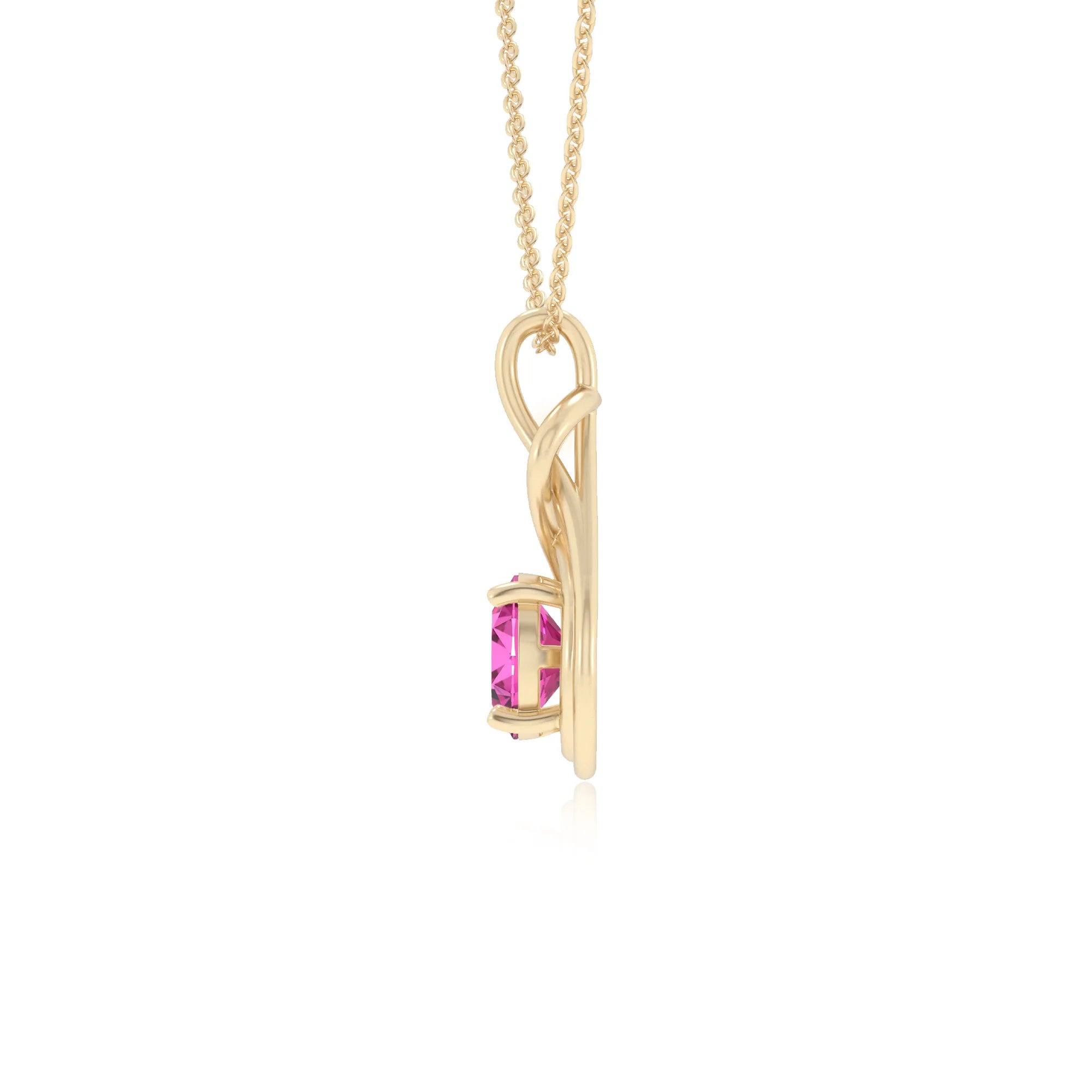 lab grown pink-sapphire round solitaire necklaces in yellow gold