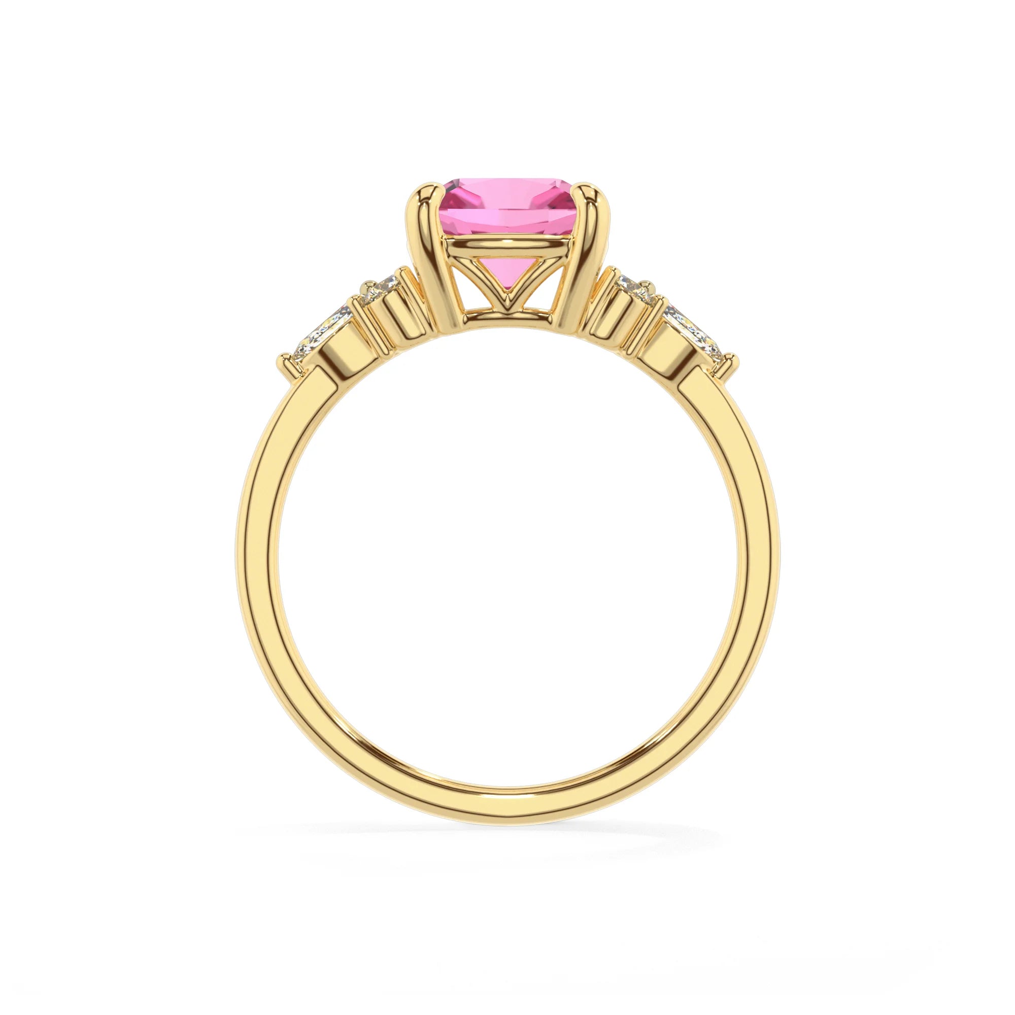 lab grown pink-sapphire cushion solitaire rings in yellow gold