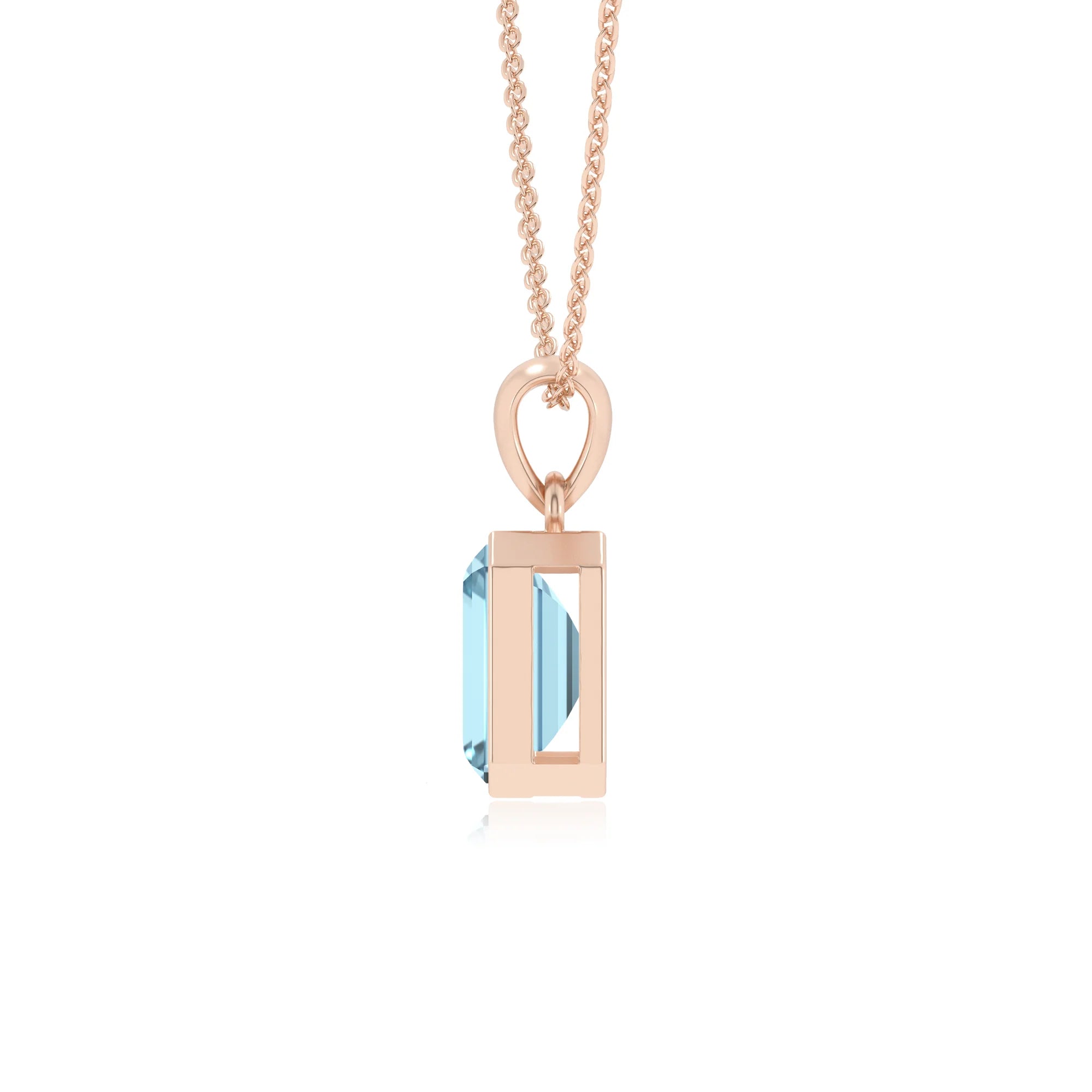 lab grown aquamarine emerald cut solitaire necklaces in rose gold