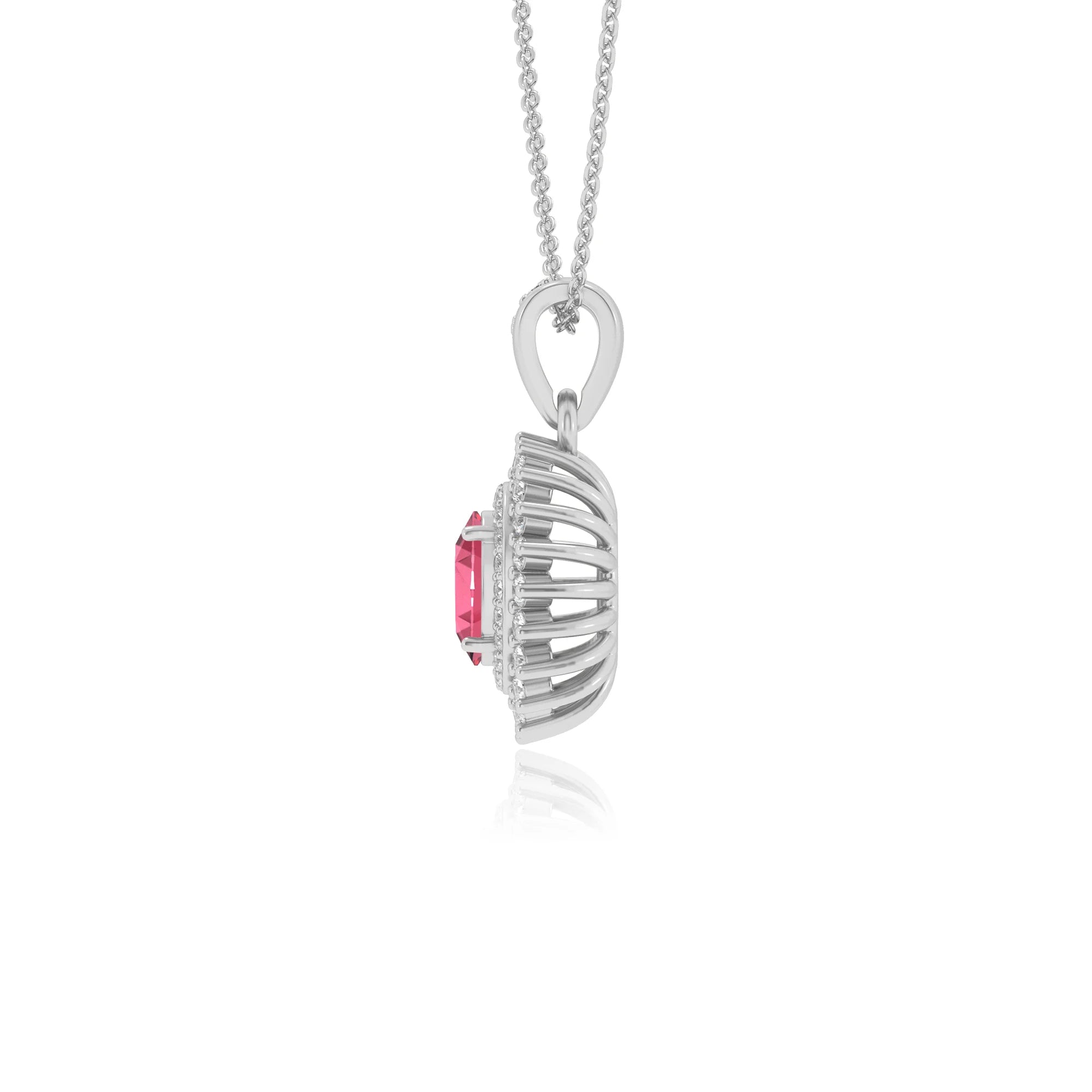 lab grown pink-tourmaline oval halo necklaces in platinum
