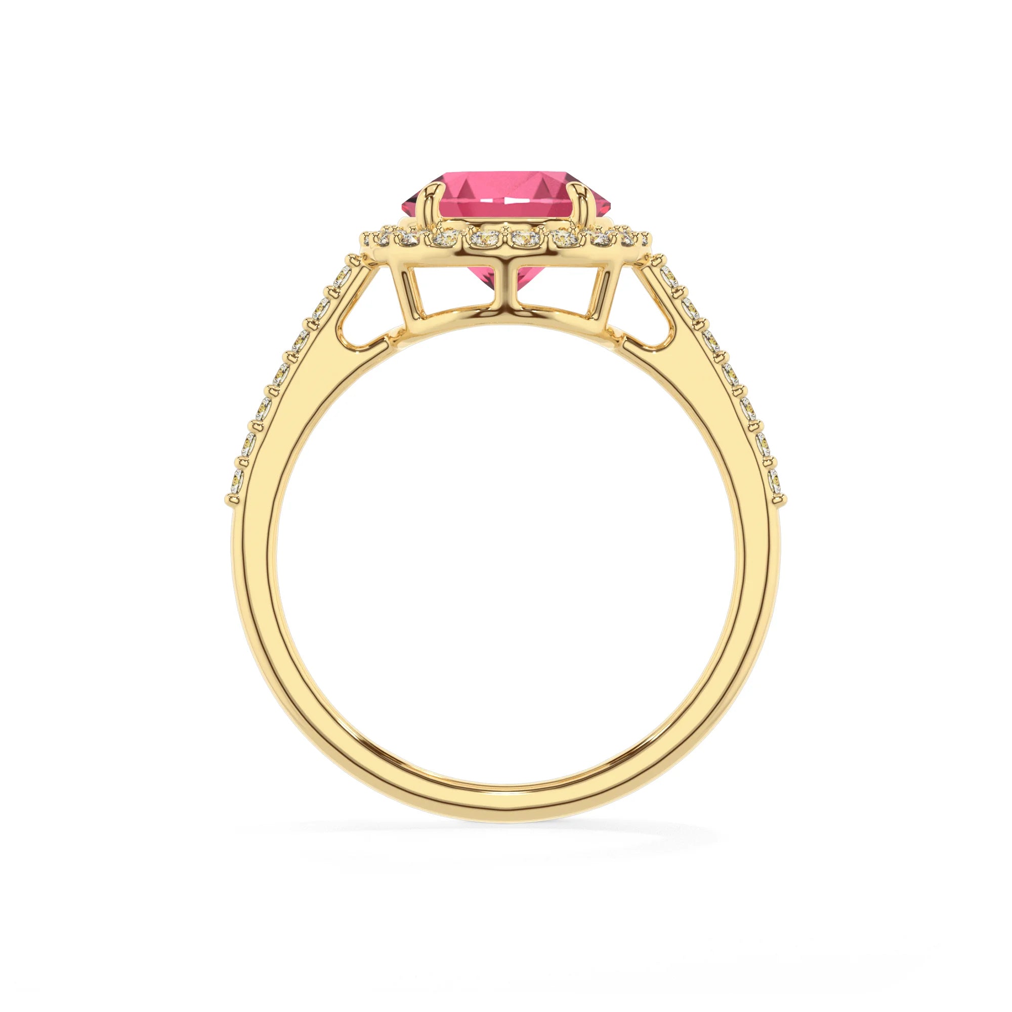 lab grown pink-tourmaline round solitaire rings in yellow gold