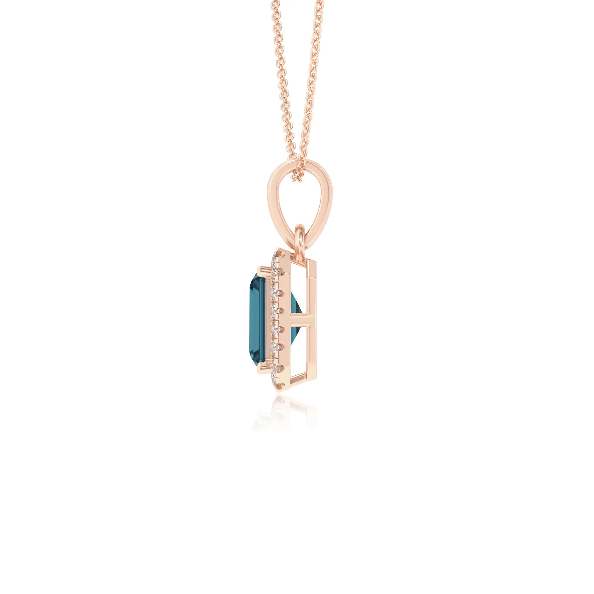 natural london-blue-topaz emerald cut solitaire necklaces in rose gold