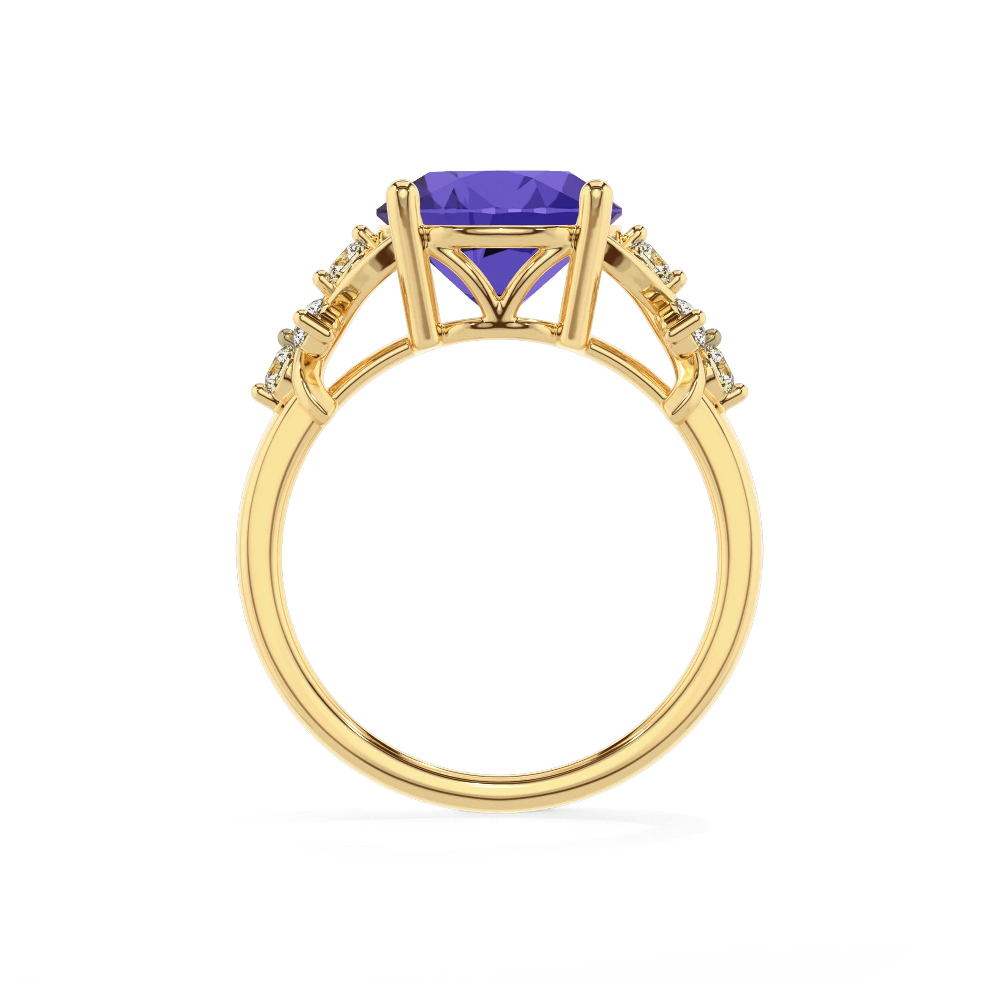 lab grown tanzanite round solitaire rings in yellow gold