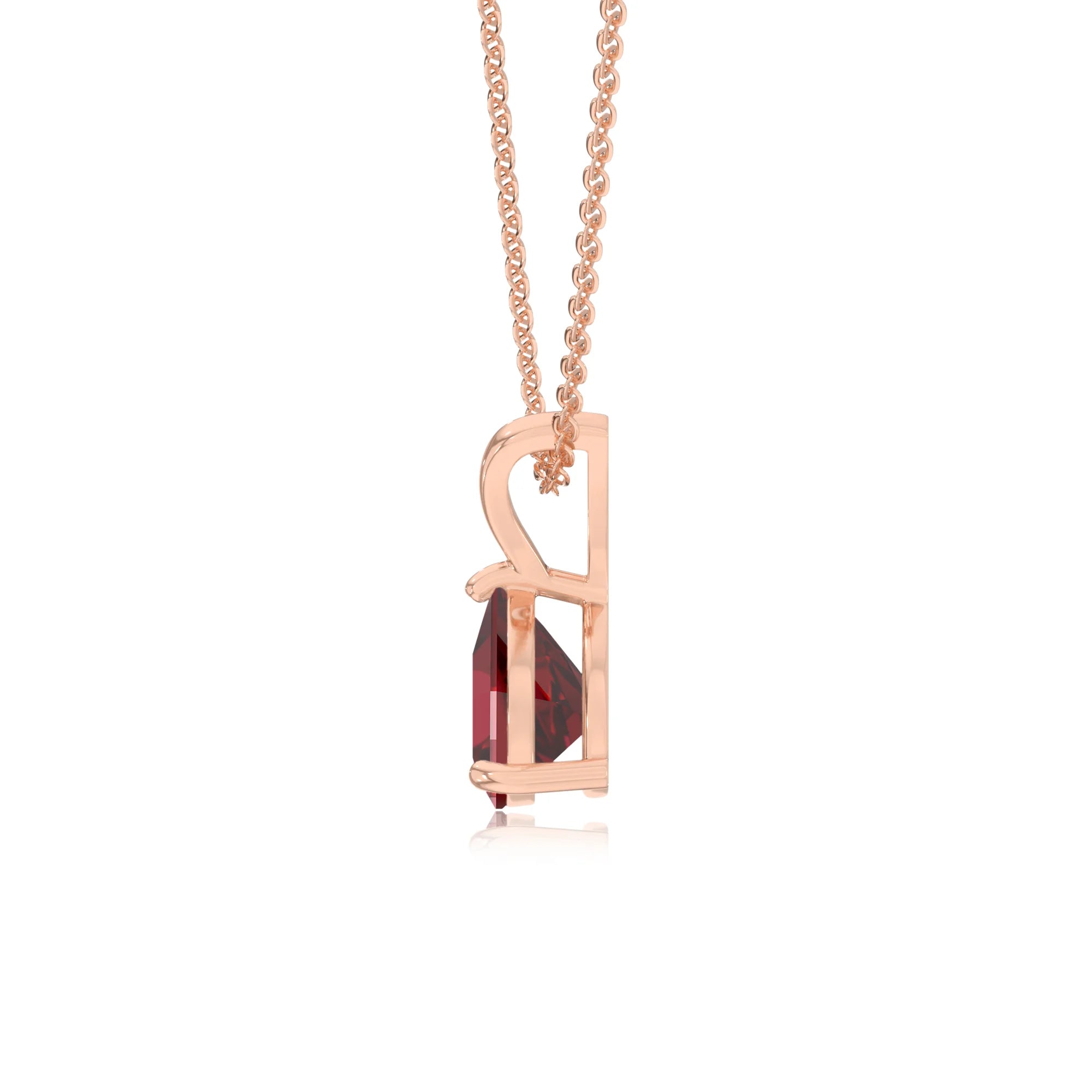 lab grown ruby trillion solitaire v-bale necklaces in rose gold