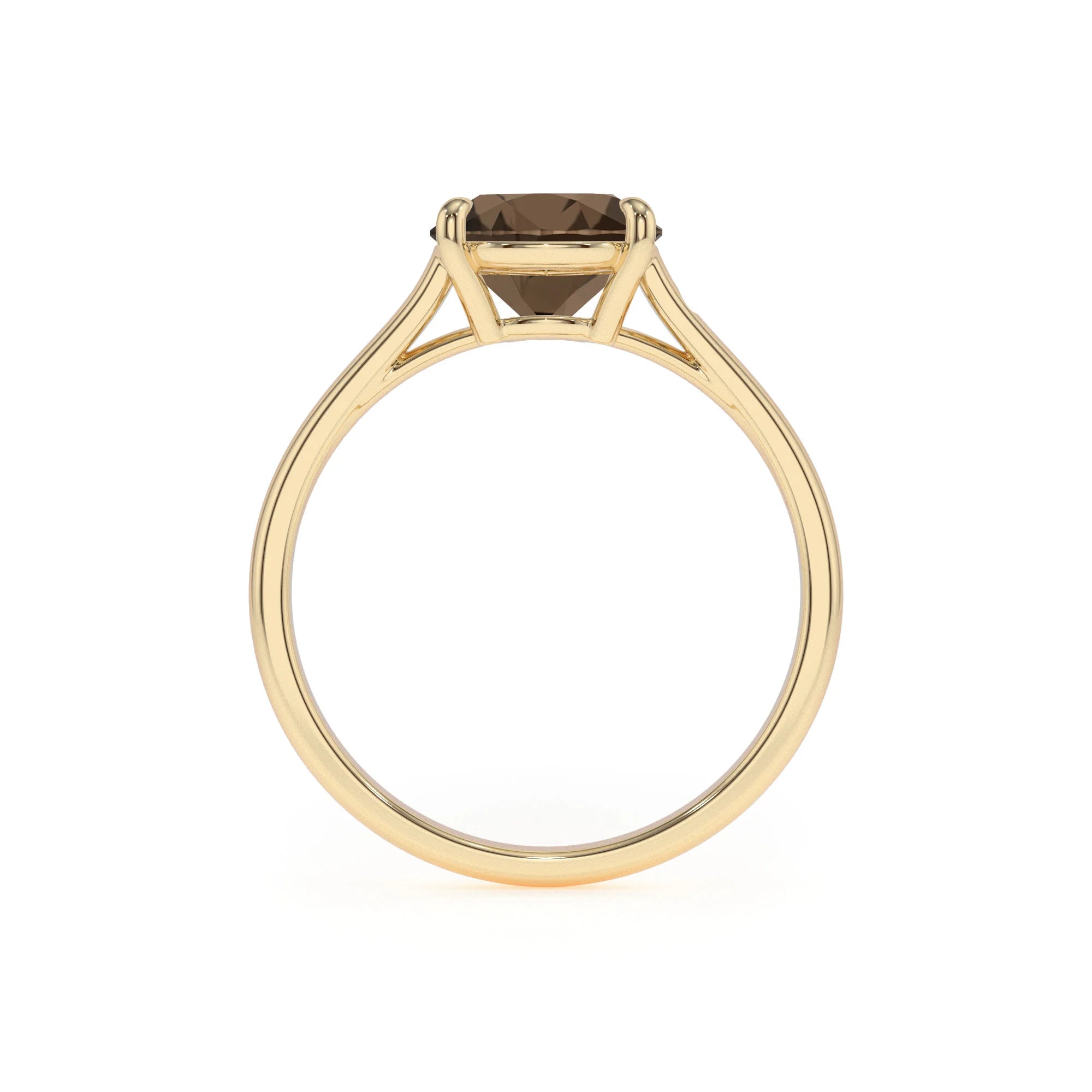 natural smoky-quartz cushion solitaire rings in yellow gold