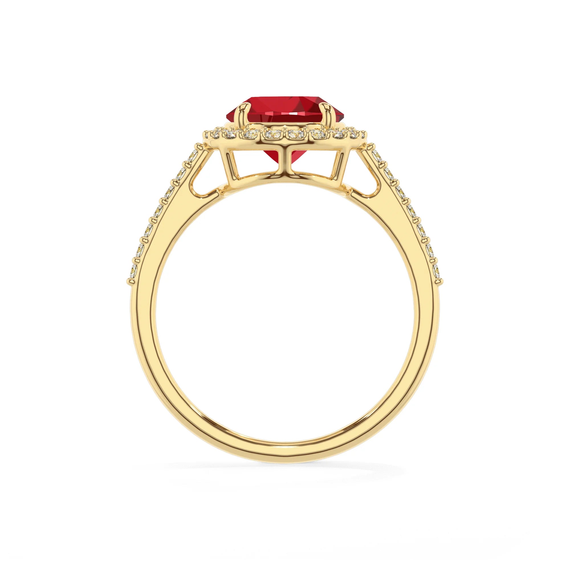 lab grown ruby round solitaire rings in yellow gold
