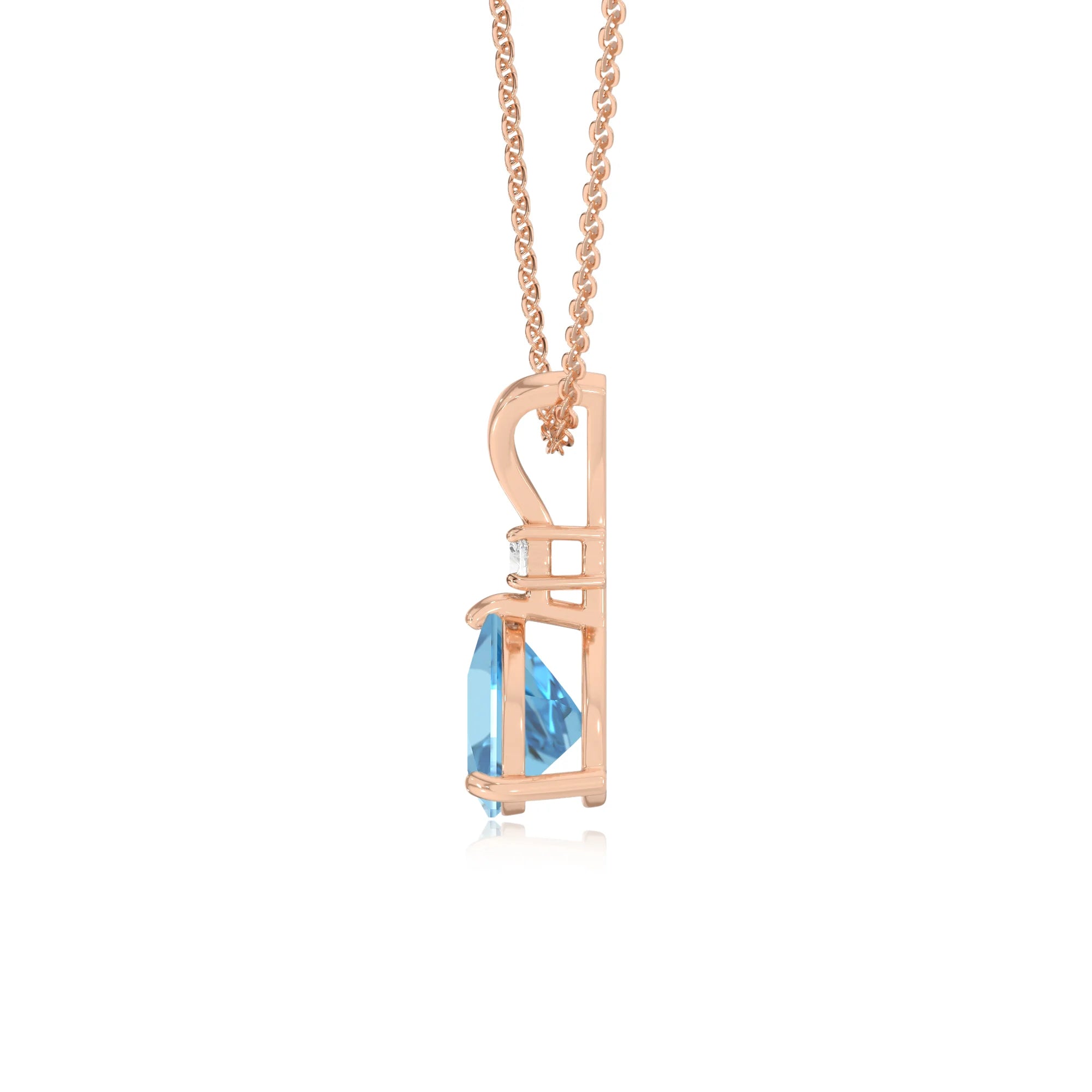 natural swiss-blue-topaz trillion solitaire v-bale necklaces in rose gold