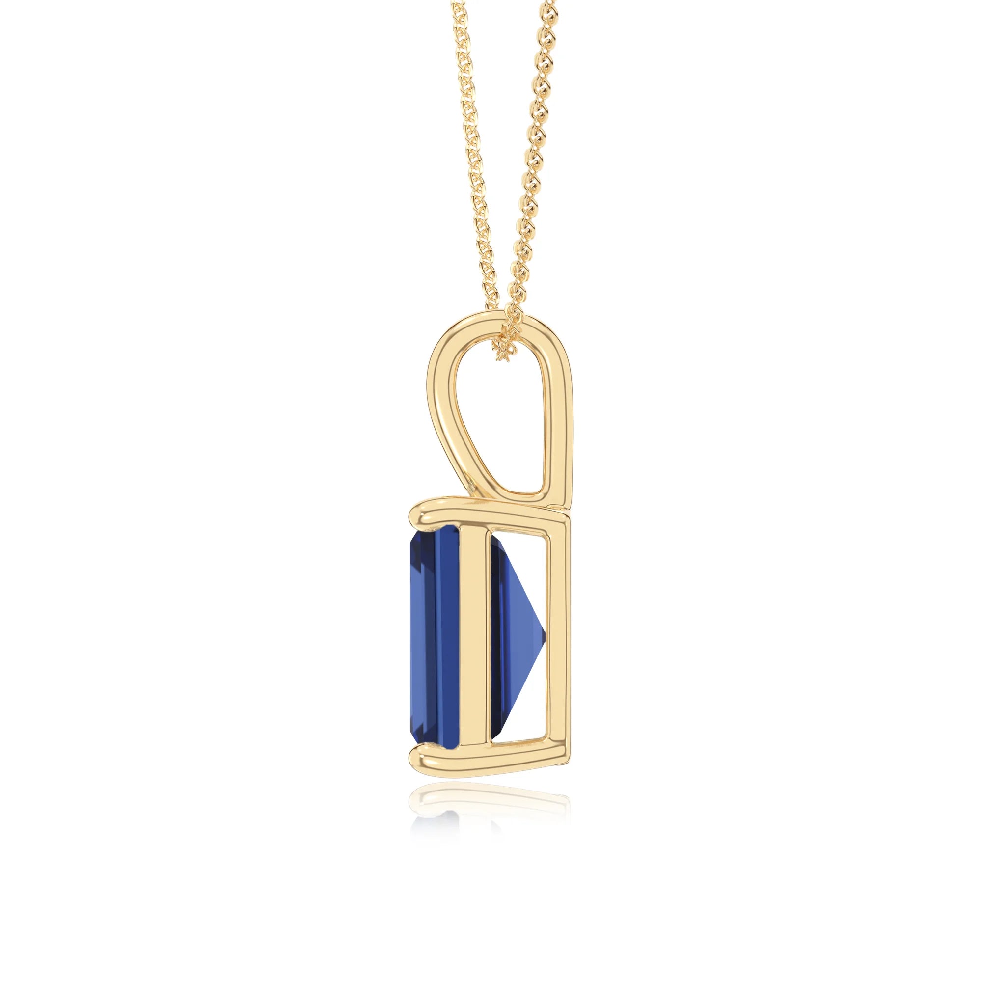lab grown blue-sapphire emerald cut solitaire necklaces in yellow gold
