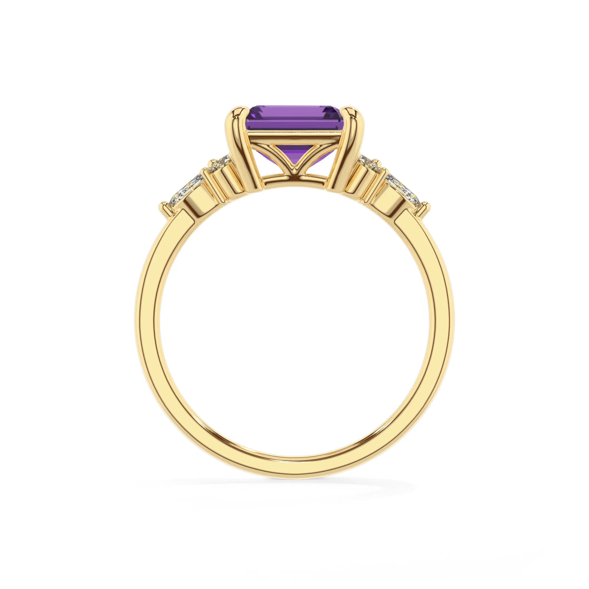 lab grown amethyst emerald cut solitaire rings in yellow gold
