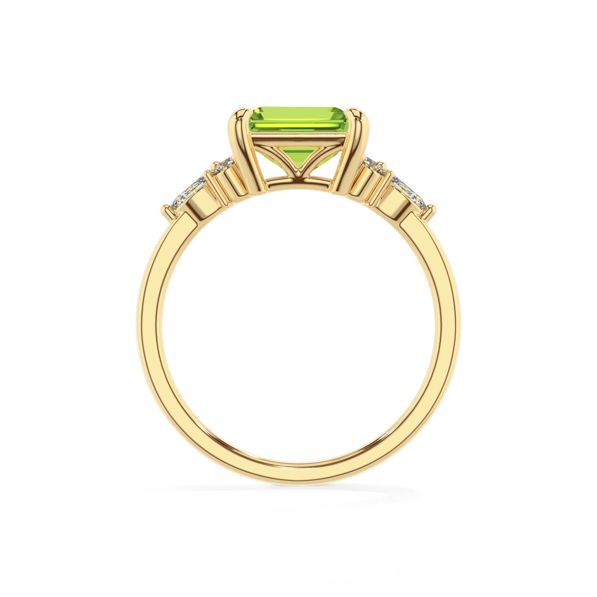 natural peridot emerald cut solitaire rings in yellow gold