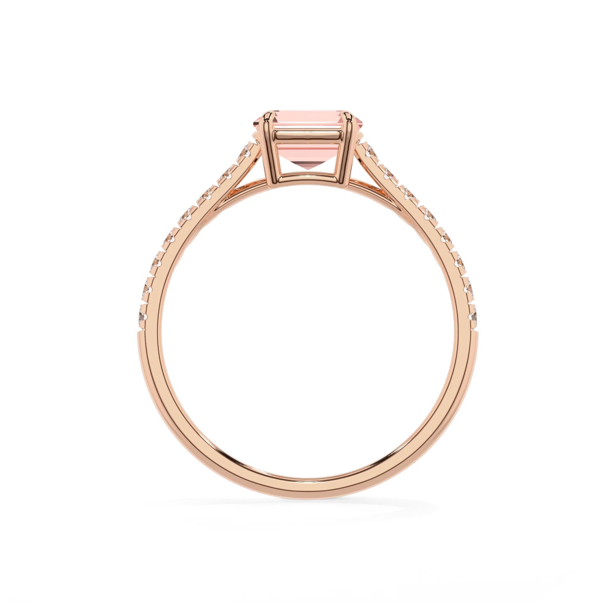 lab grown morganite emerald cut half eternity solitaire engagement rings in rose gold