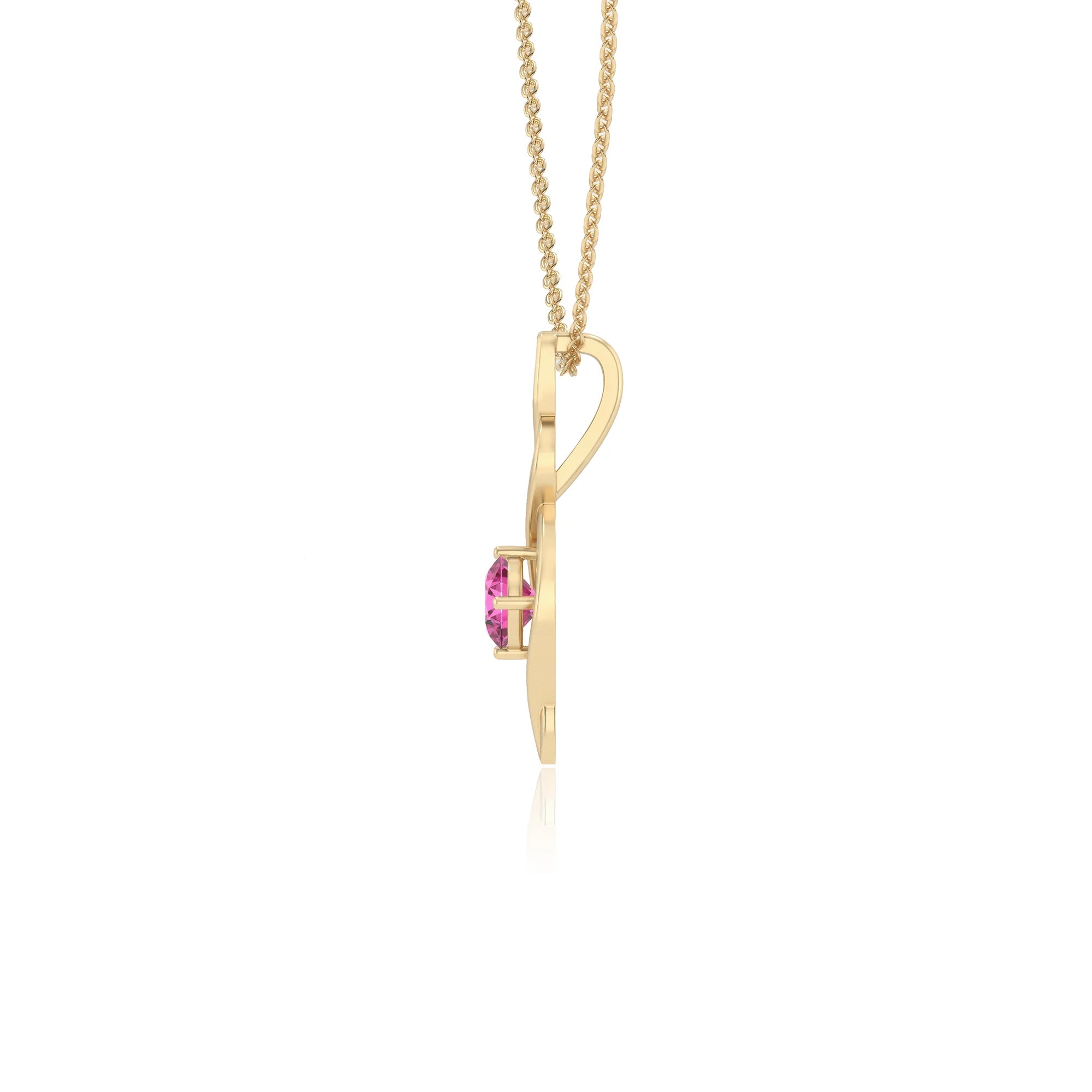 lab grown pink-sapphire round solitaire necklaces in yellow gold