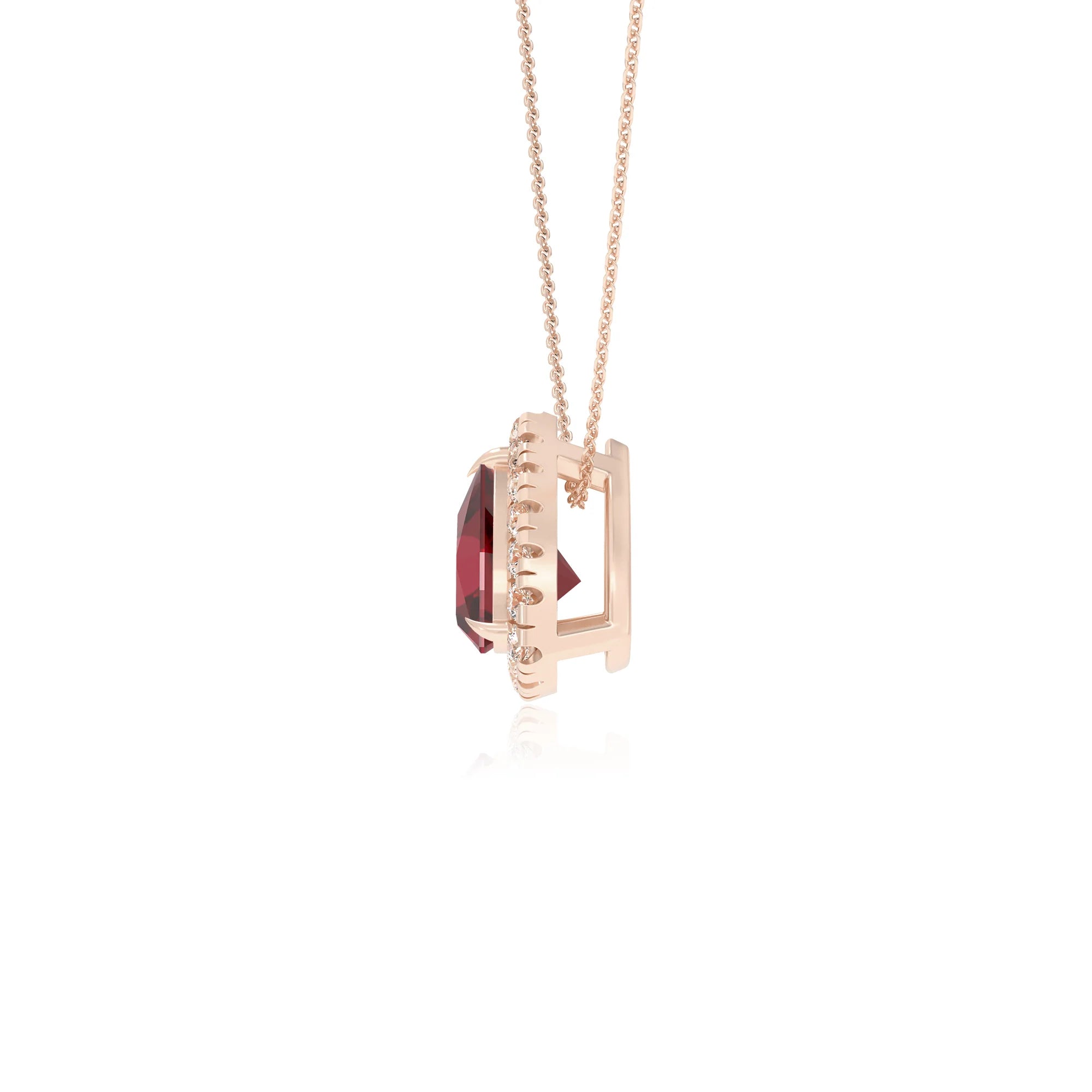 lab grown ruby trillion solitaire necklaces in rose gold