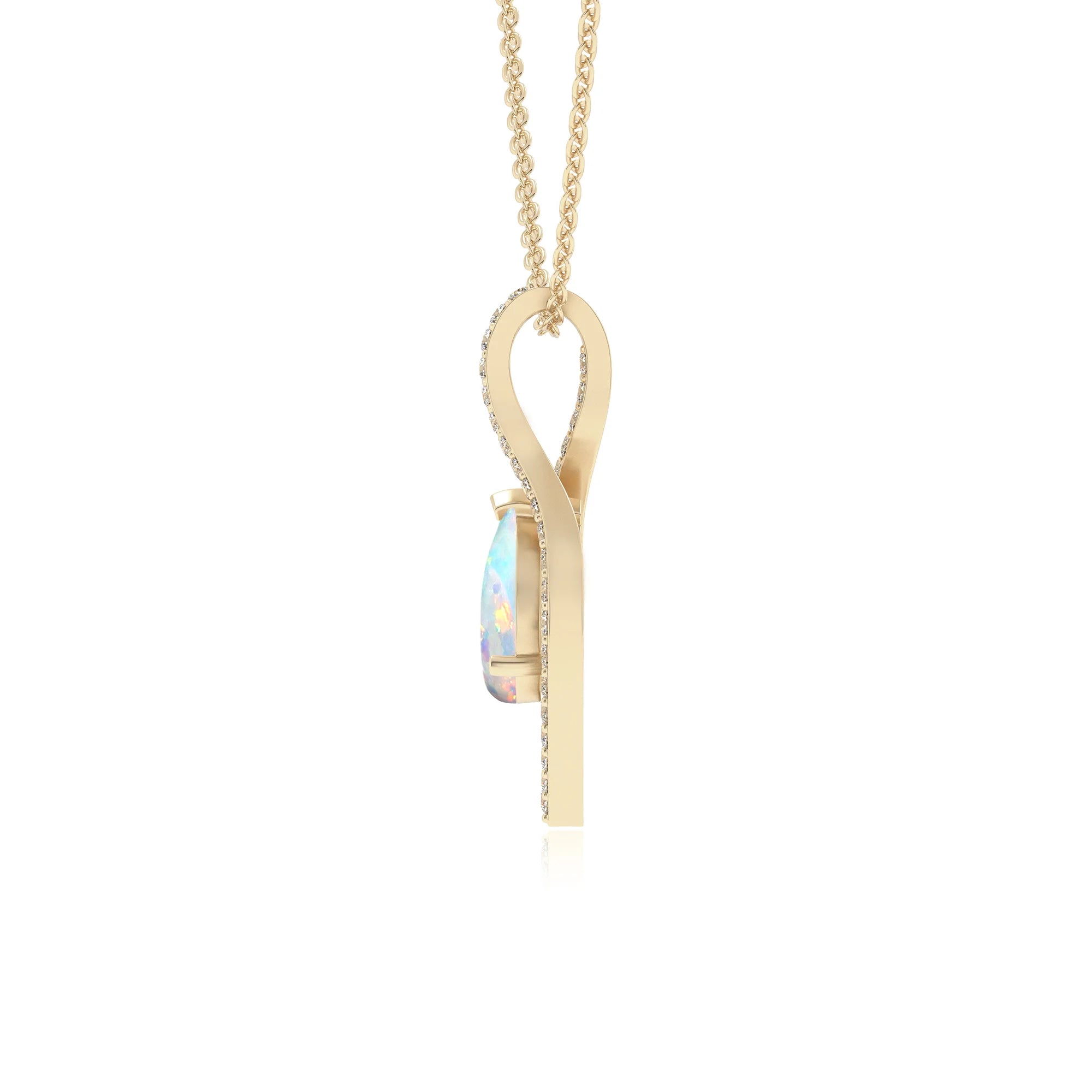 lab grown opal pear infinity necklaces in yellow gold
