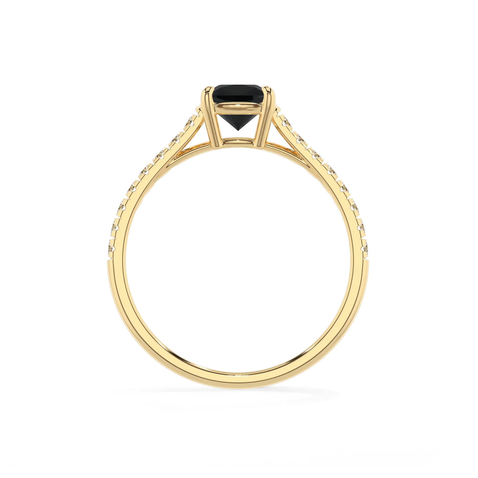 natural black-onyx cushion half eternity solitaire engagement rings in yellow gold