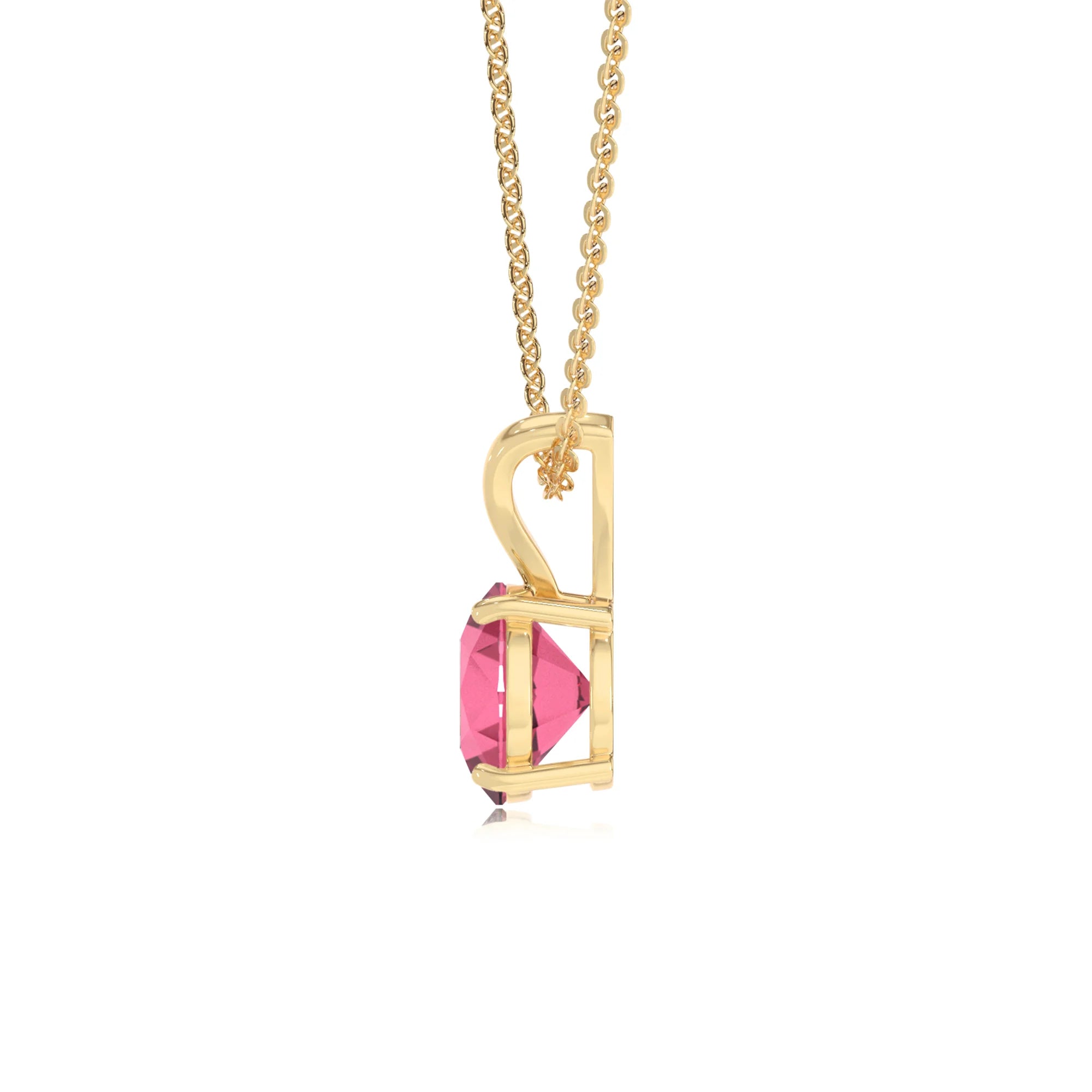 lab grown pink-tourmaline round solitaire v-bale necklaces in yellow gold