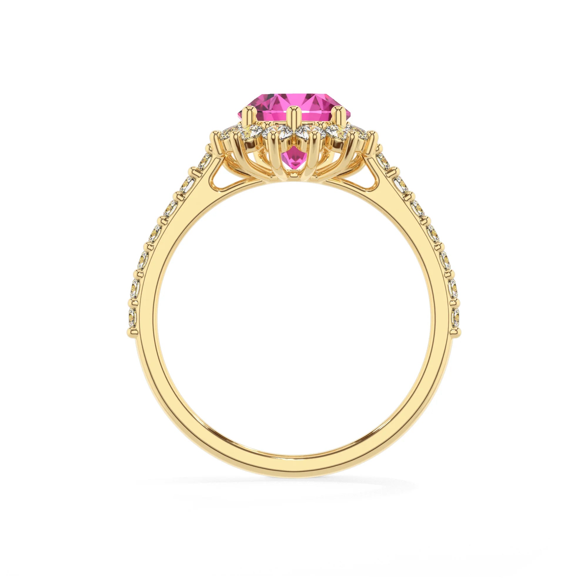 lab grown pink-sapphire pear solitaire rings in yellow gold