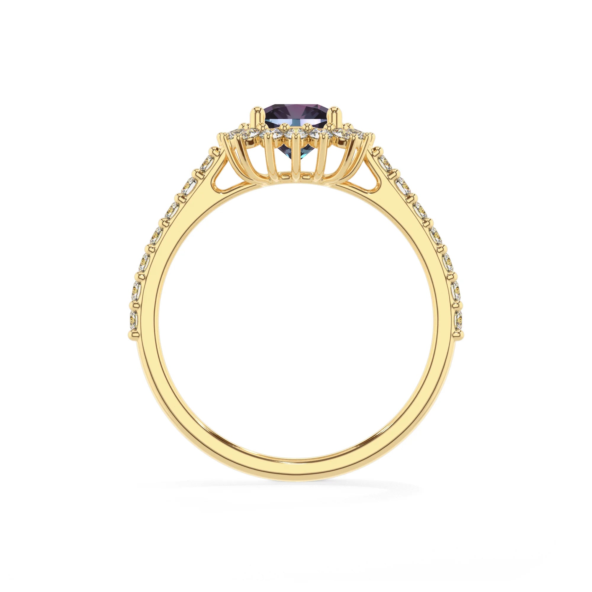 lab grown alexandrite cushion solitaire rings in yellow gold