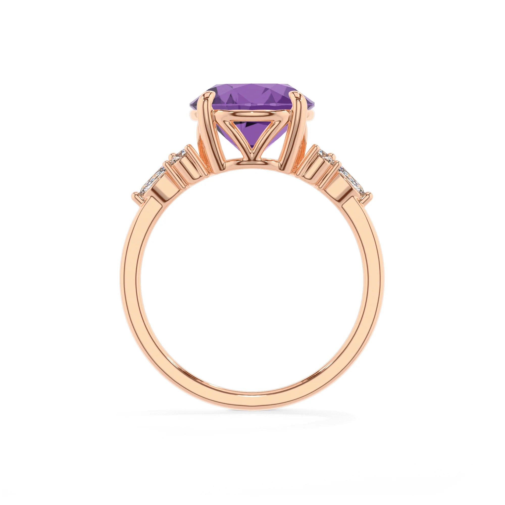 lab grown amethyst round solitaire rings in rose gold