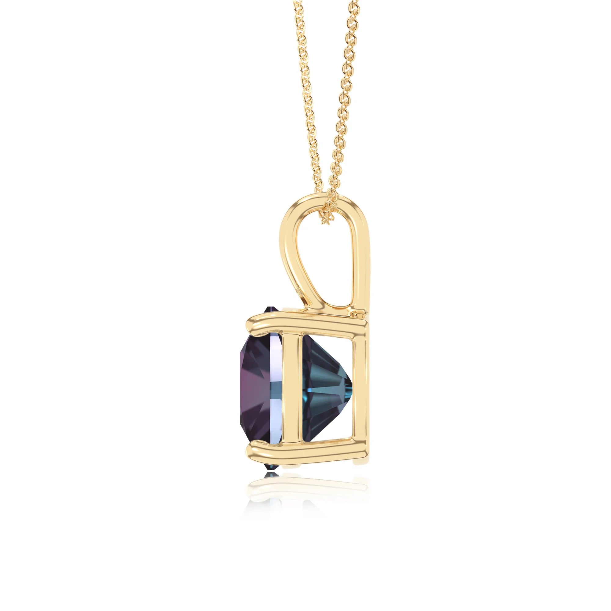 lab grown alexandrite cushion solitaire necklaces in yellow gold