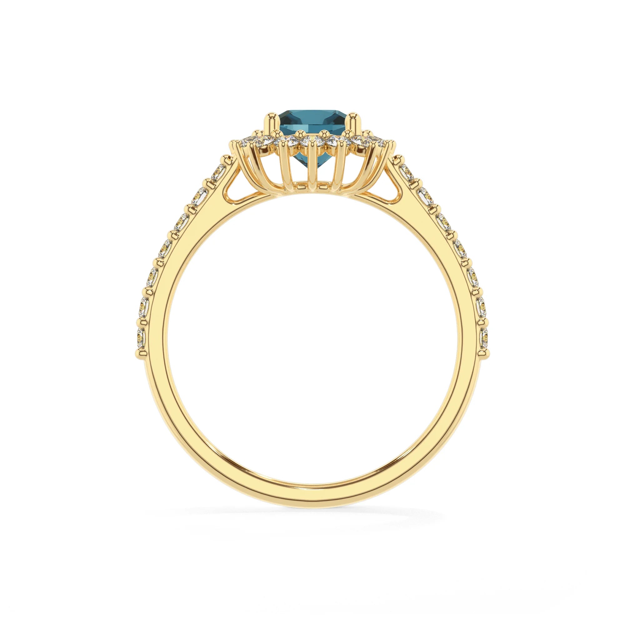 natural london-blue-topaz cushion solitaire rings in yellow gold