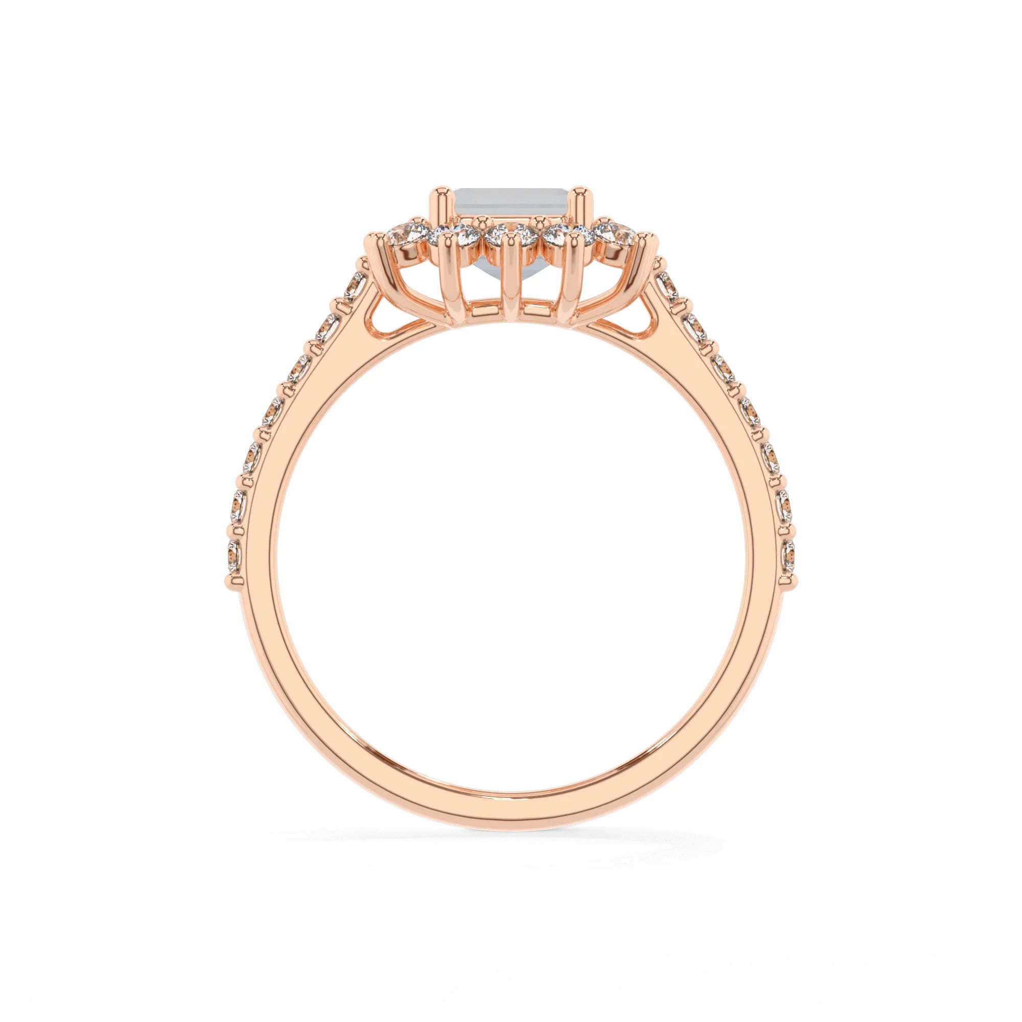 natural rainbow-moonstone emerald cut solitaire rings in rose gold