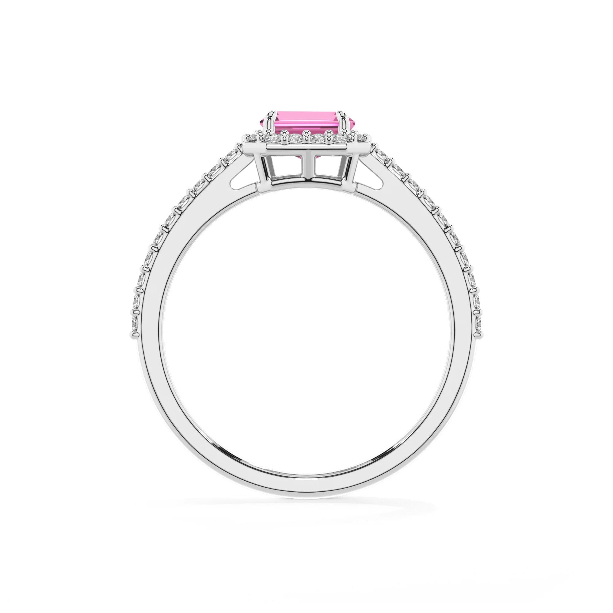 lab grown pink-sapphire emerald cut solitaire rings in platinum