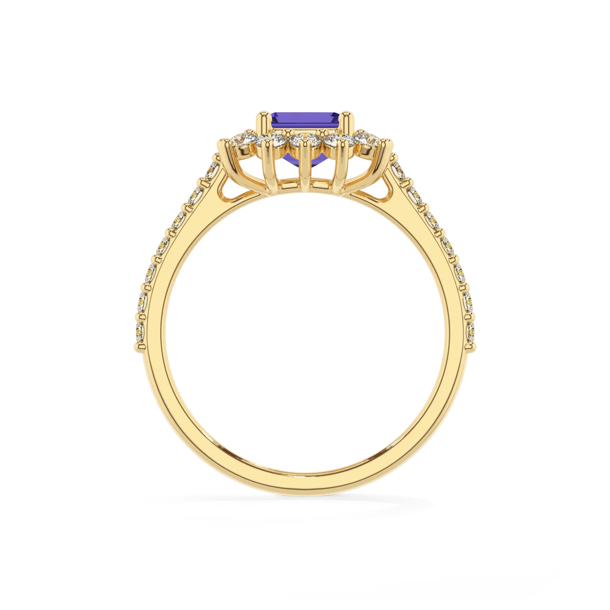 lab grown tanzanite emerald cut solitaire rings in yellow gold