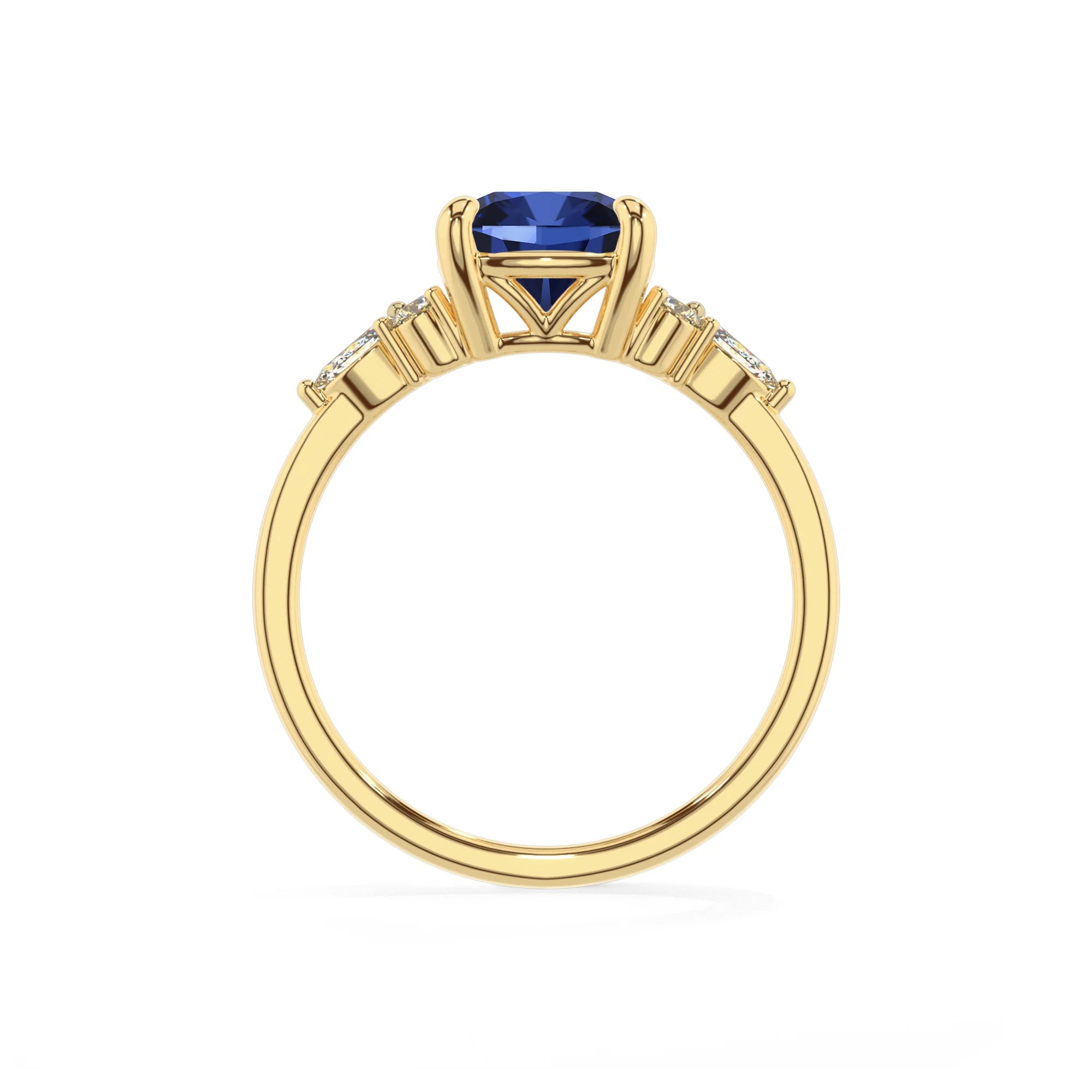 lab grown blue-sapphire cushion solitaire rings in yellow gold