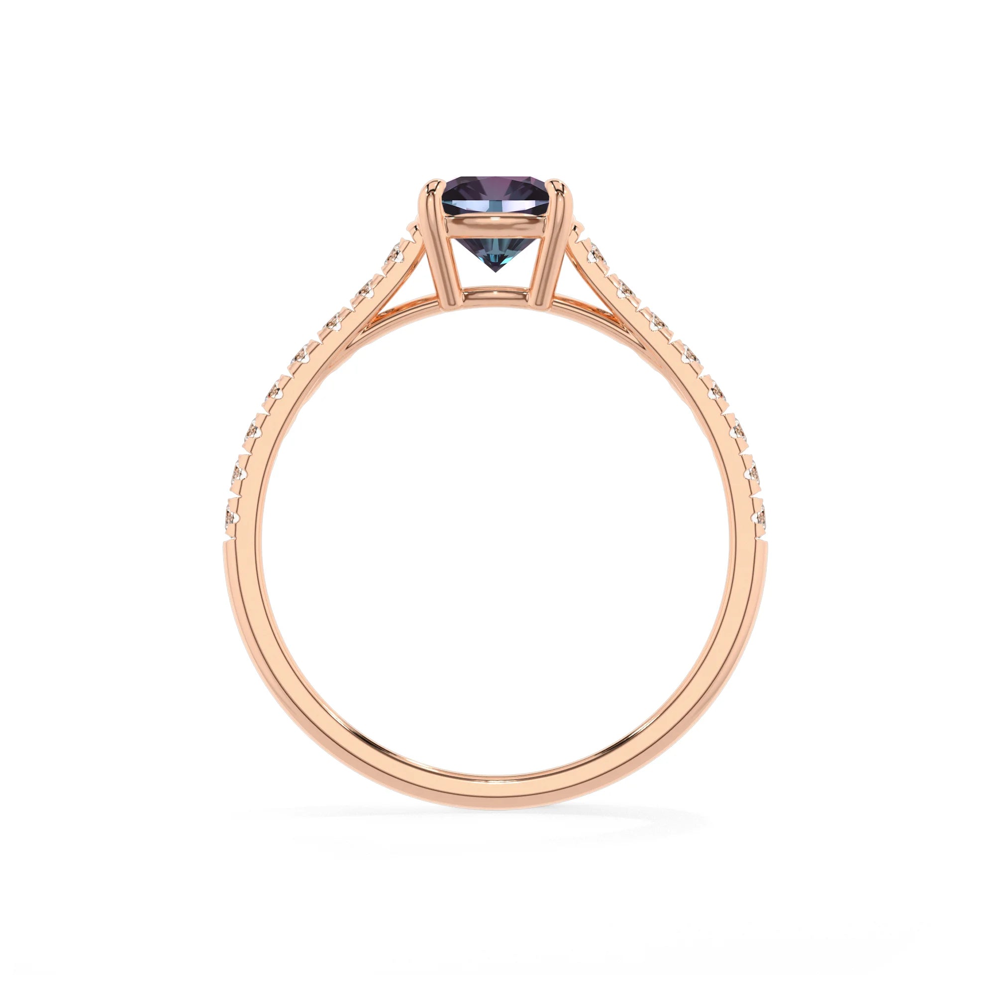 lab grown alexandrite cushion half eternity solitaire engagement rings in rose gold