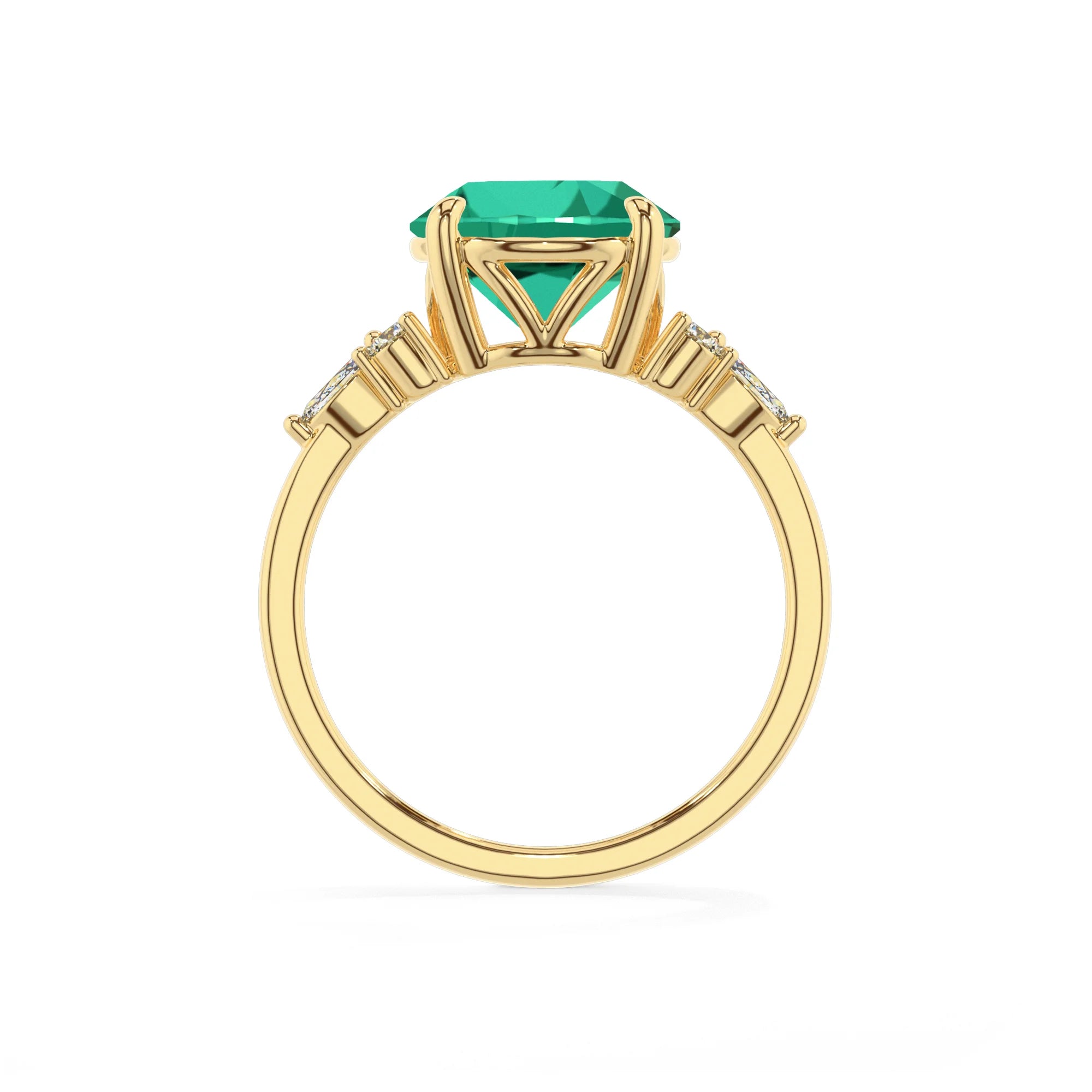 lab grown emerald round solitaire rings in yellow gold