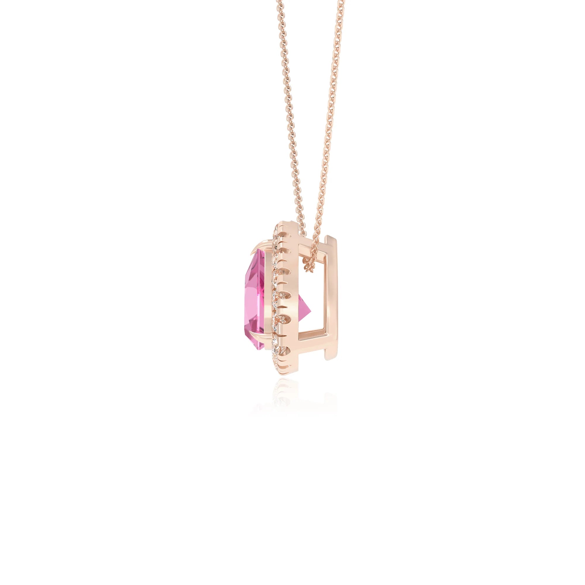 lab grown pink sapphire trillion solitaire necklaces in rose gold