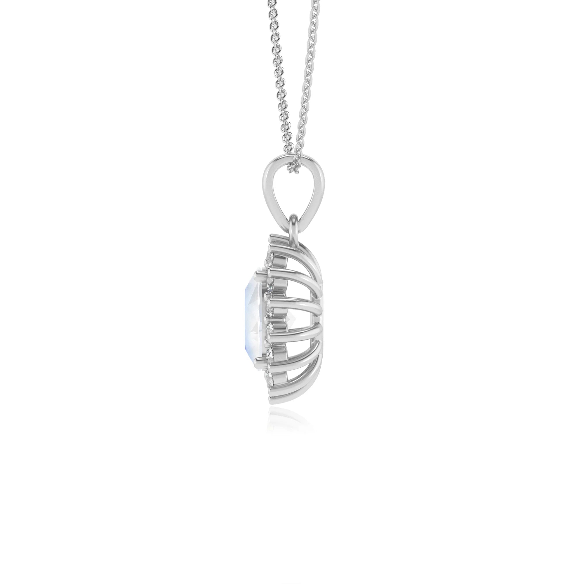 natural rainbow-moonstone oval halo necklaces in white gold